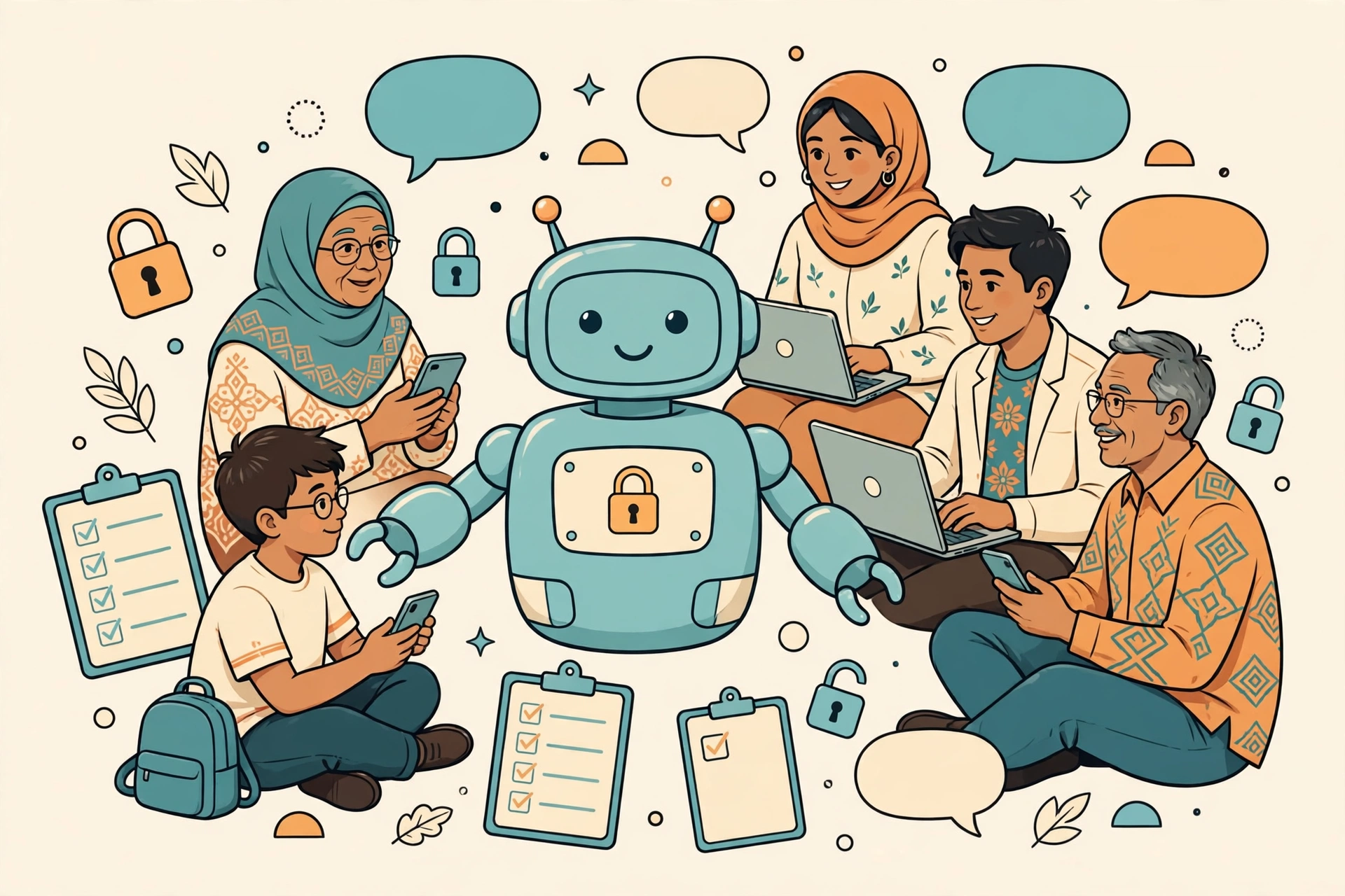 Beragam orang Indonesia memakai gawai bersama asisten robot yang ramah