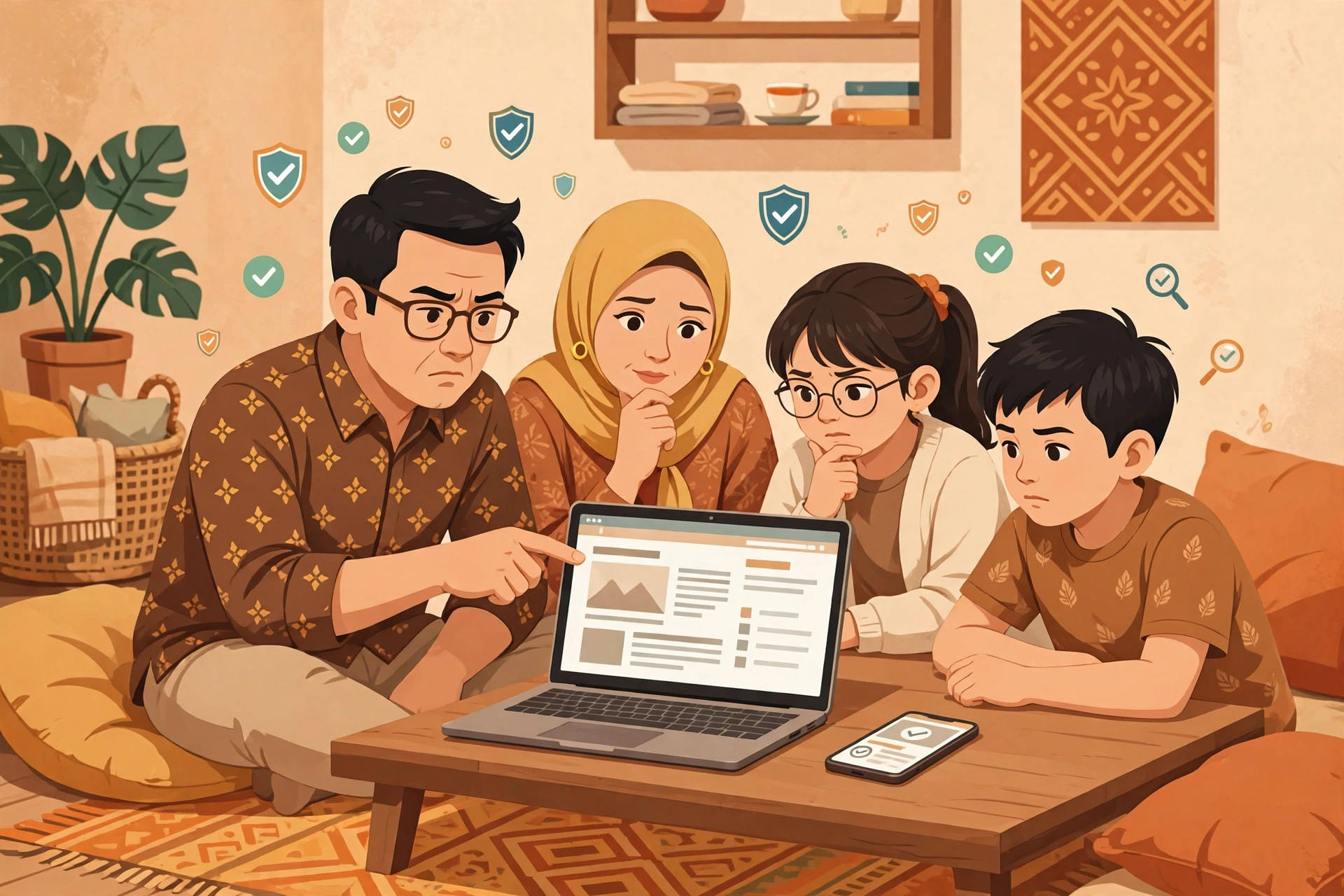 Ilustrasi keluarga bersama-sama memeriksa kebenaran berita di laptop sebelum membagikannya