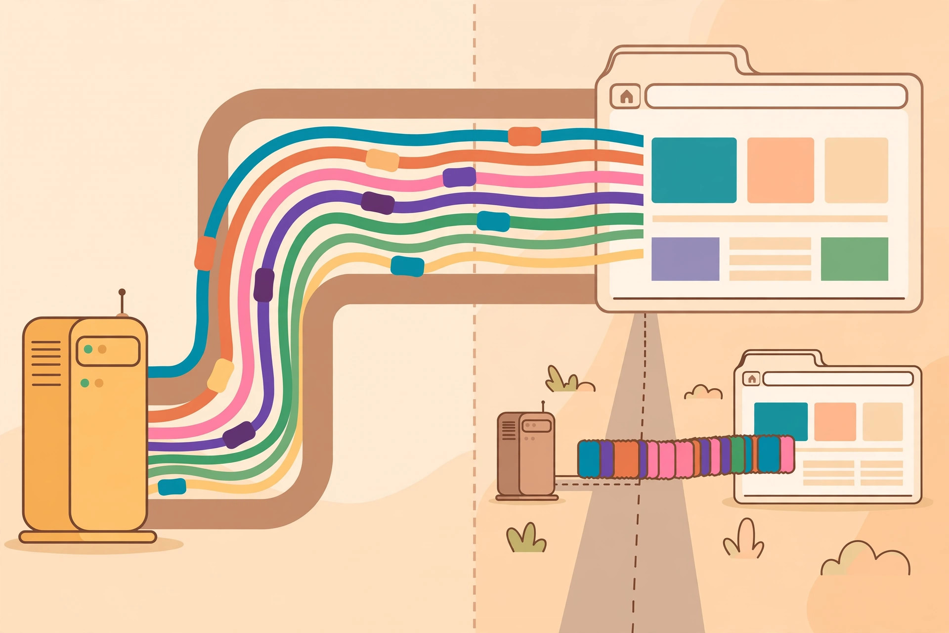 Ilustrasi multiplexing HTTP/2: banyak data dikirim sekaligus dalam satu koneksi