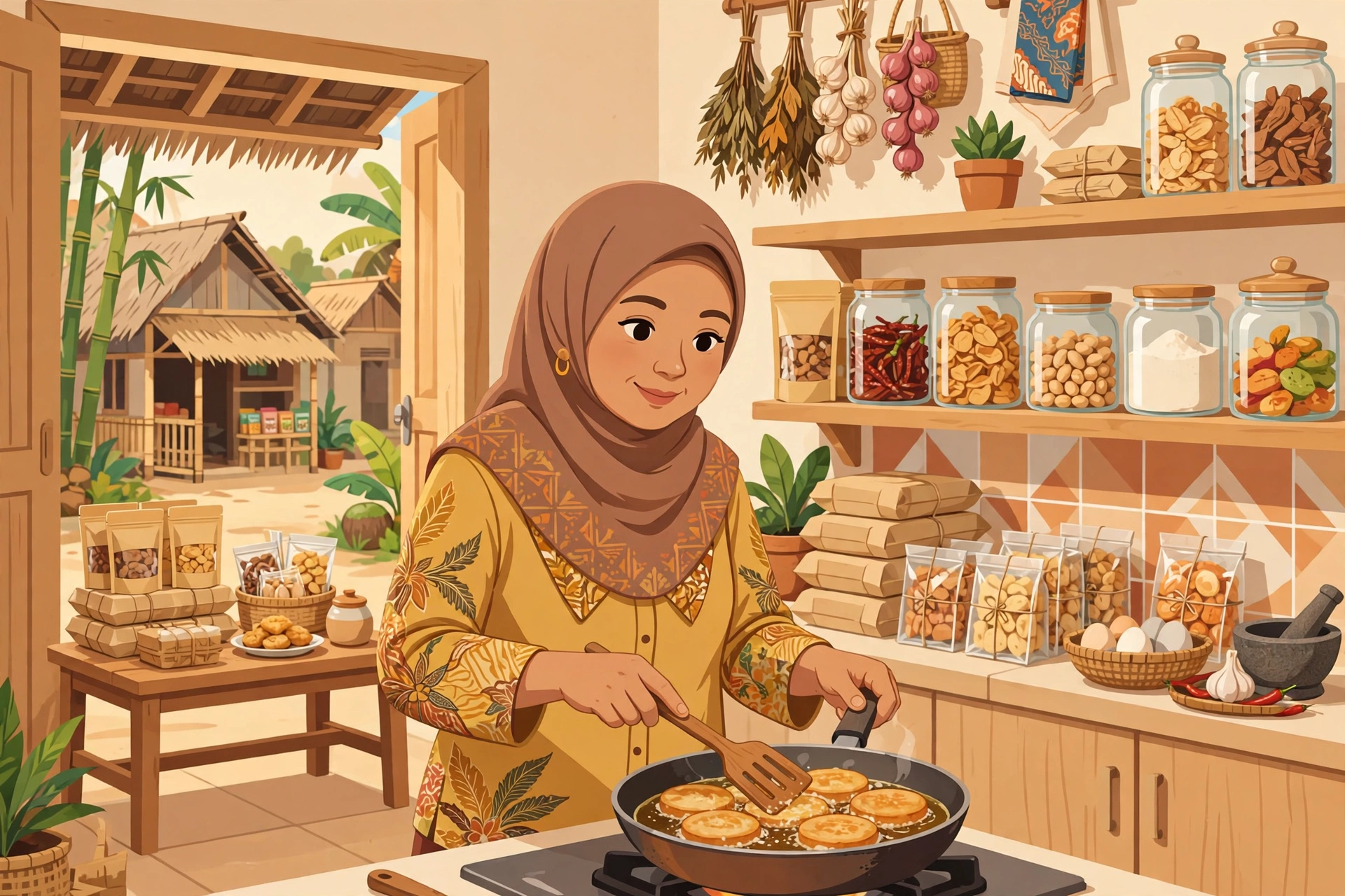 Ibu di desa membuat jajanan tradisional untuk dijual sebagai usaha sampingan
