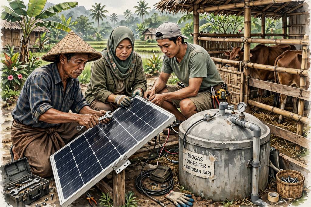 Warga desa memasang panel surya di samping digester biogas