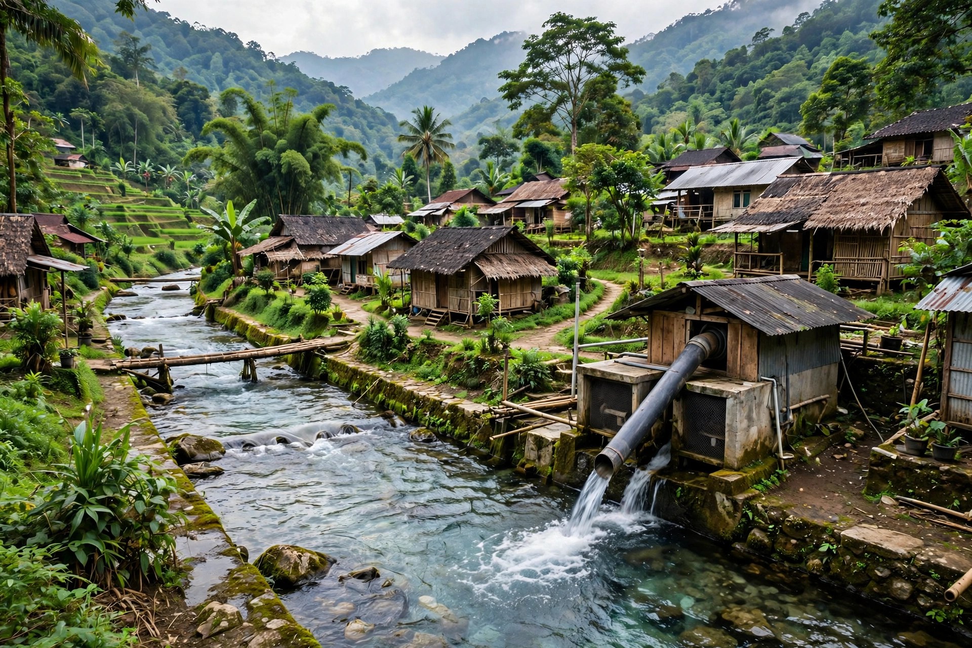 Pembangkit mikrohidro di sungai desa pegunungan