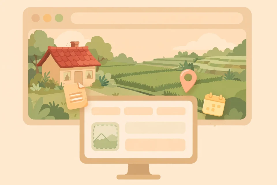 Ilustrasi panduan membangun website desa dengan WordPress: kantor desa, sawah, dan layar komputer menampilkan website