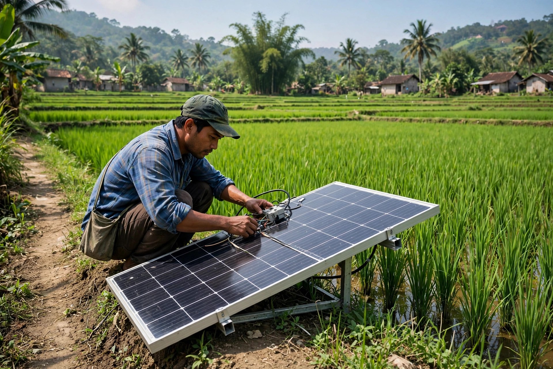 Warga desa memeriksa panel surya di samping sawah