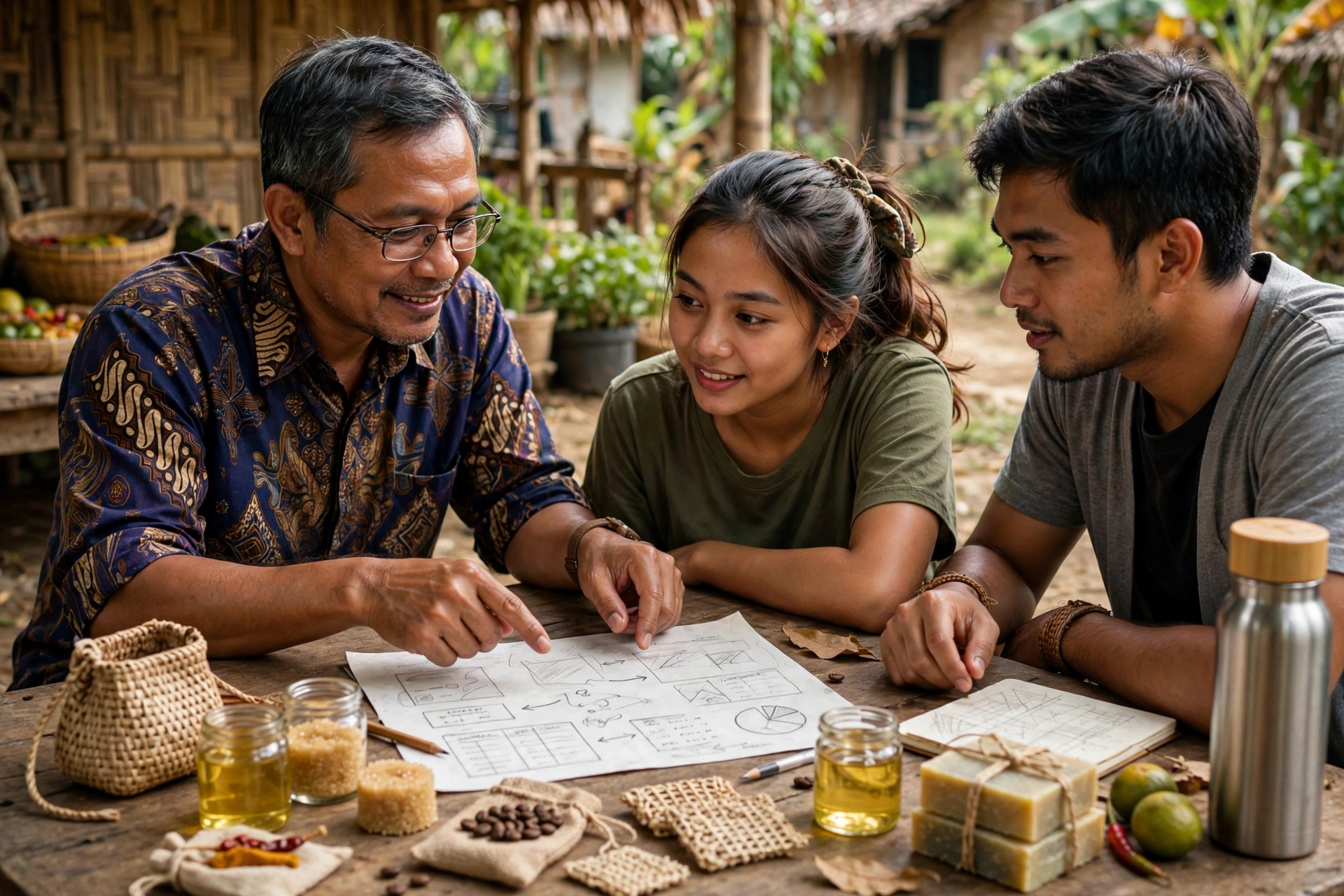 Mentor mendampingi pelaku UMKM desa menyusun rencana usaha