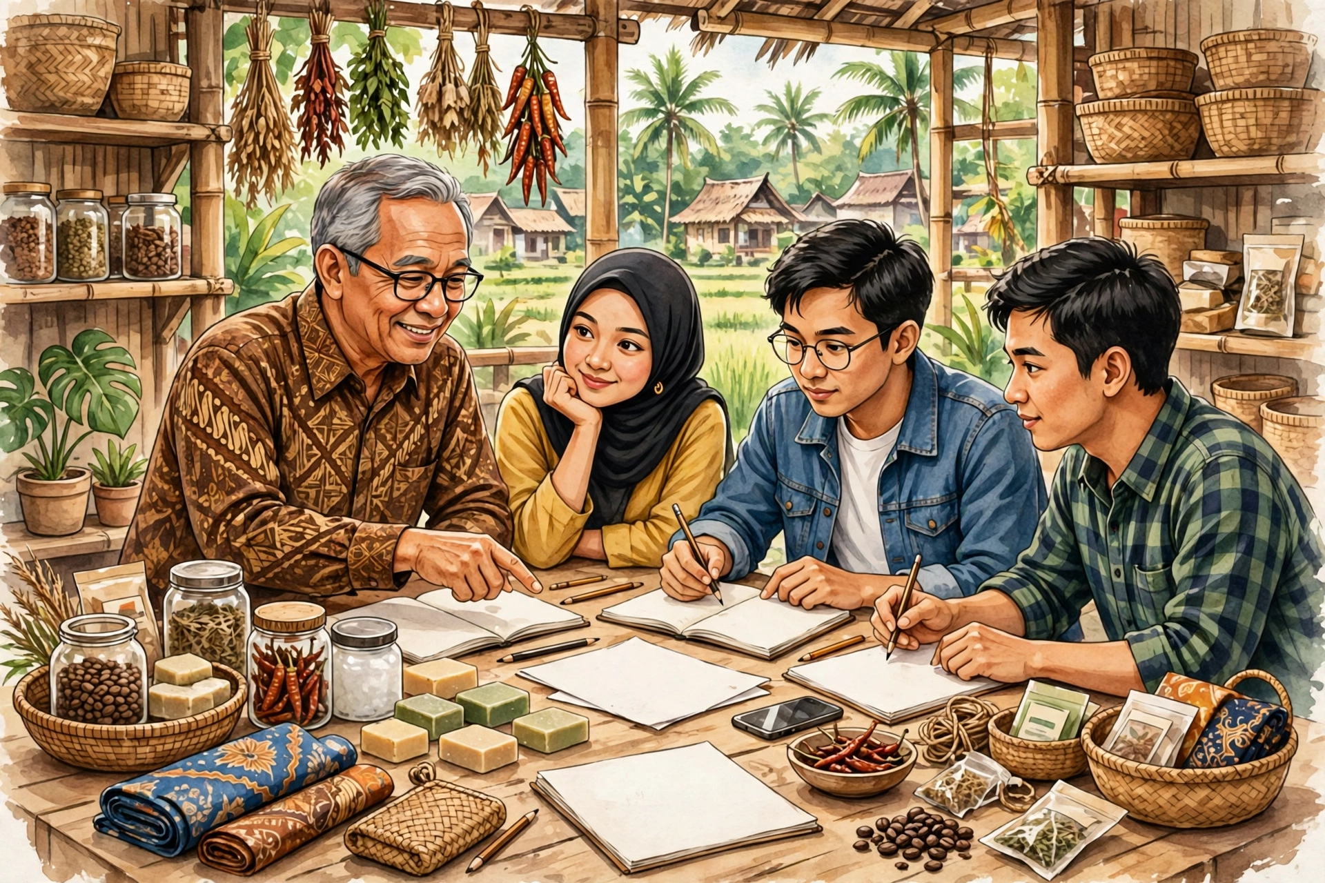 Mentor mendampingi wirausaha muda desa di workshop