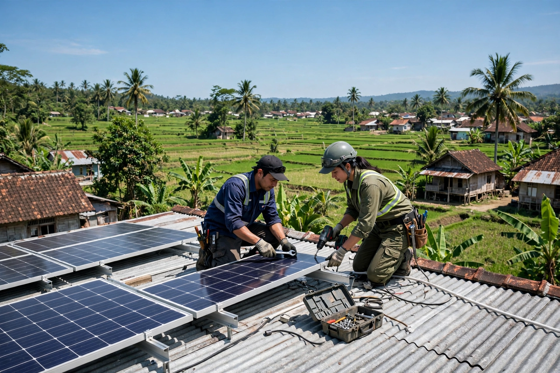 Teknisi memasang panel surya di atap rumah desa