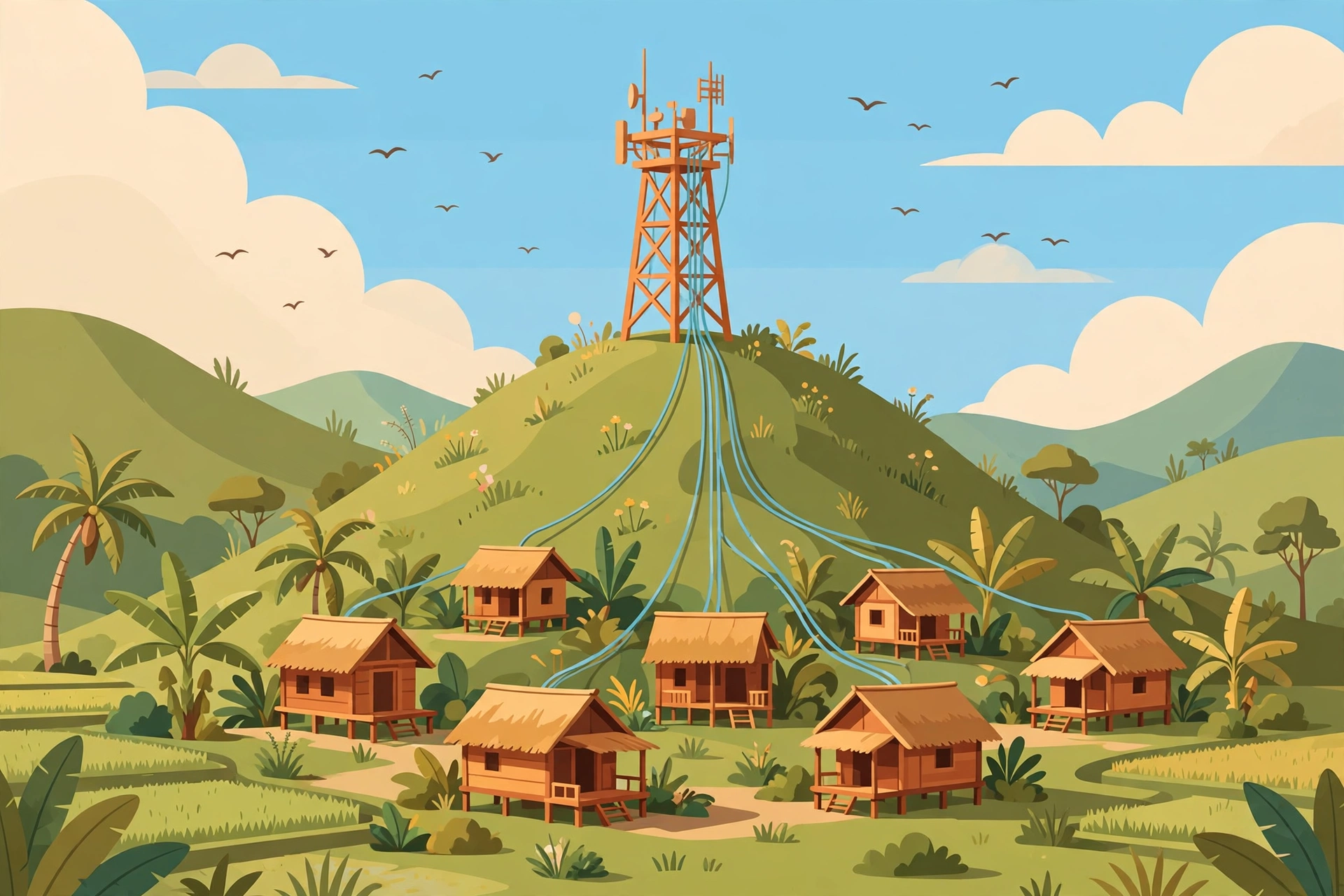 Ilustrasi menara telekomunikasi dan kabel jaringan menuju desa