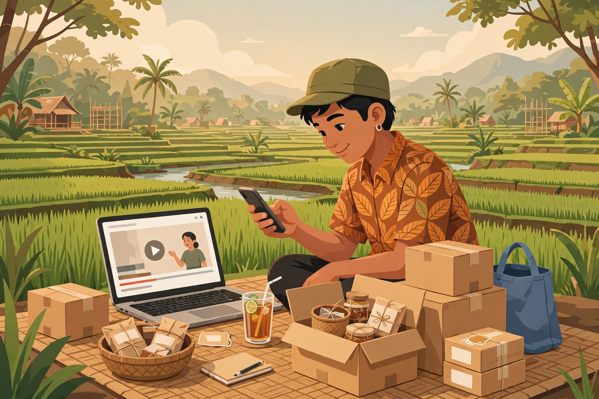 Ilustrasi warga desa berjualan online dan belajar lewat internet
