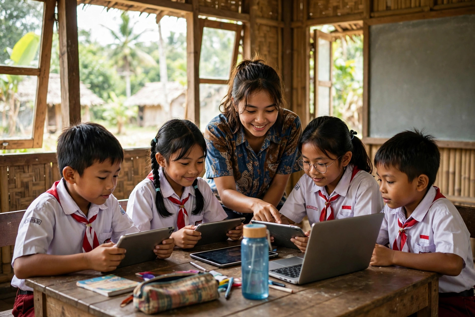Anak-anak desa belajar menggunakan tablet di kelas
