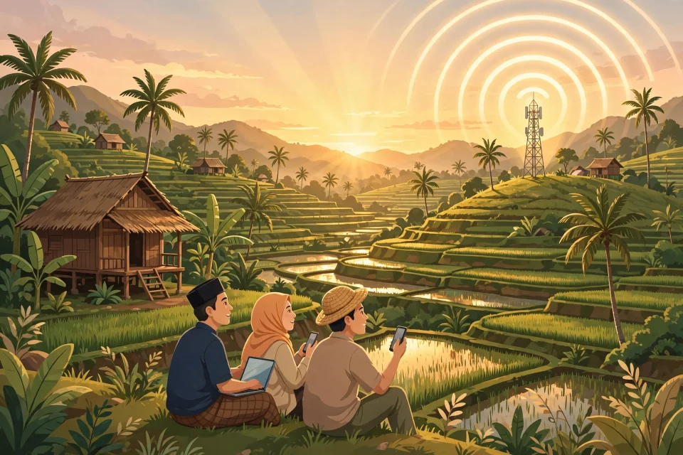 Ilustrasi internet masuk desa dengan sinyal wifi dari menara telekomunikasi