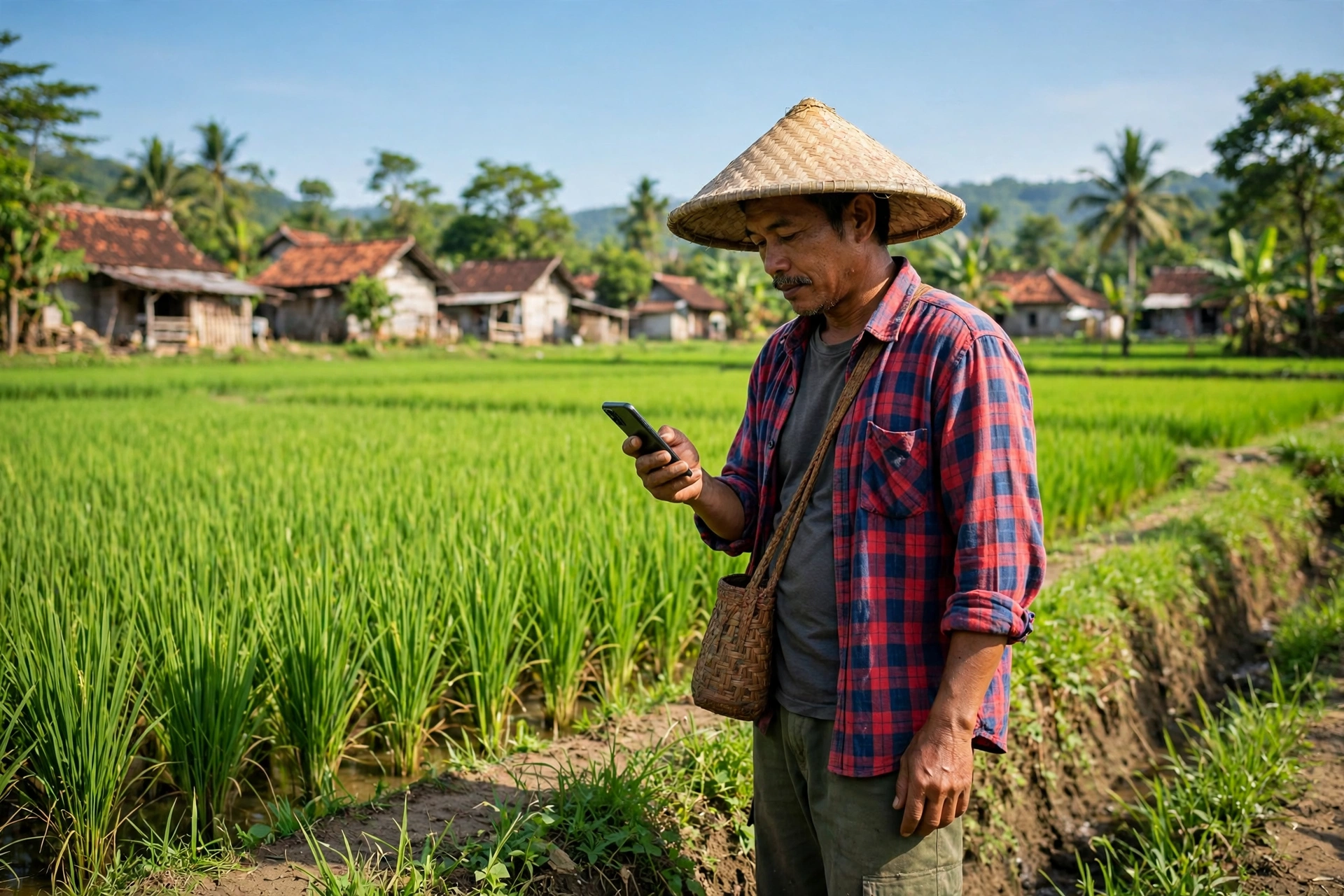 Petani desa mengecek informasi lewat smartphone di sawah