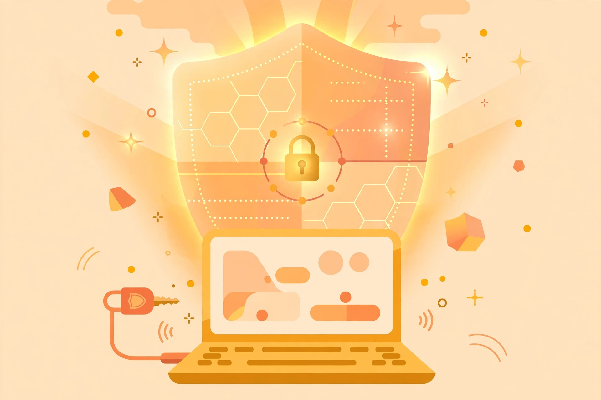 Ilustrasi kunci keamanan fisik yang terhubung ke laptop dilindungi perisai digital