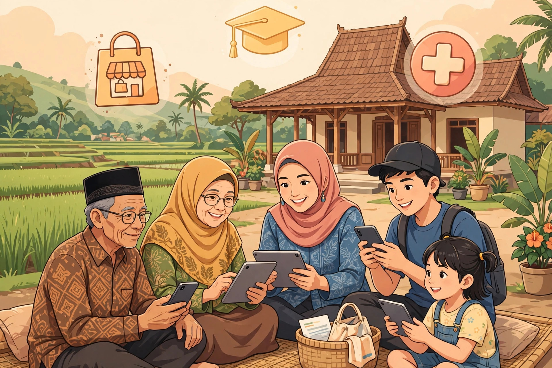Ilustrasi warga desa mengakses layanan digital dari website desa