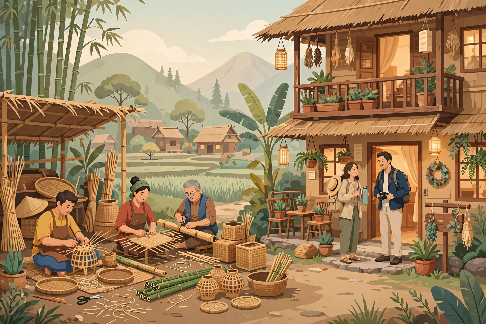 Ilustrasi pengrajin bambu dan homestay desa yang menyambut wisatawan