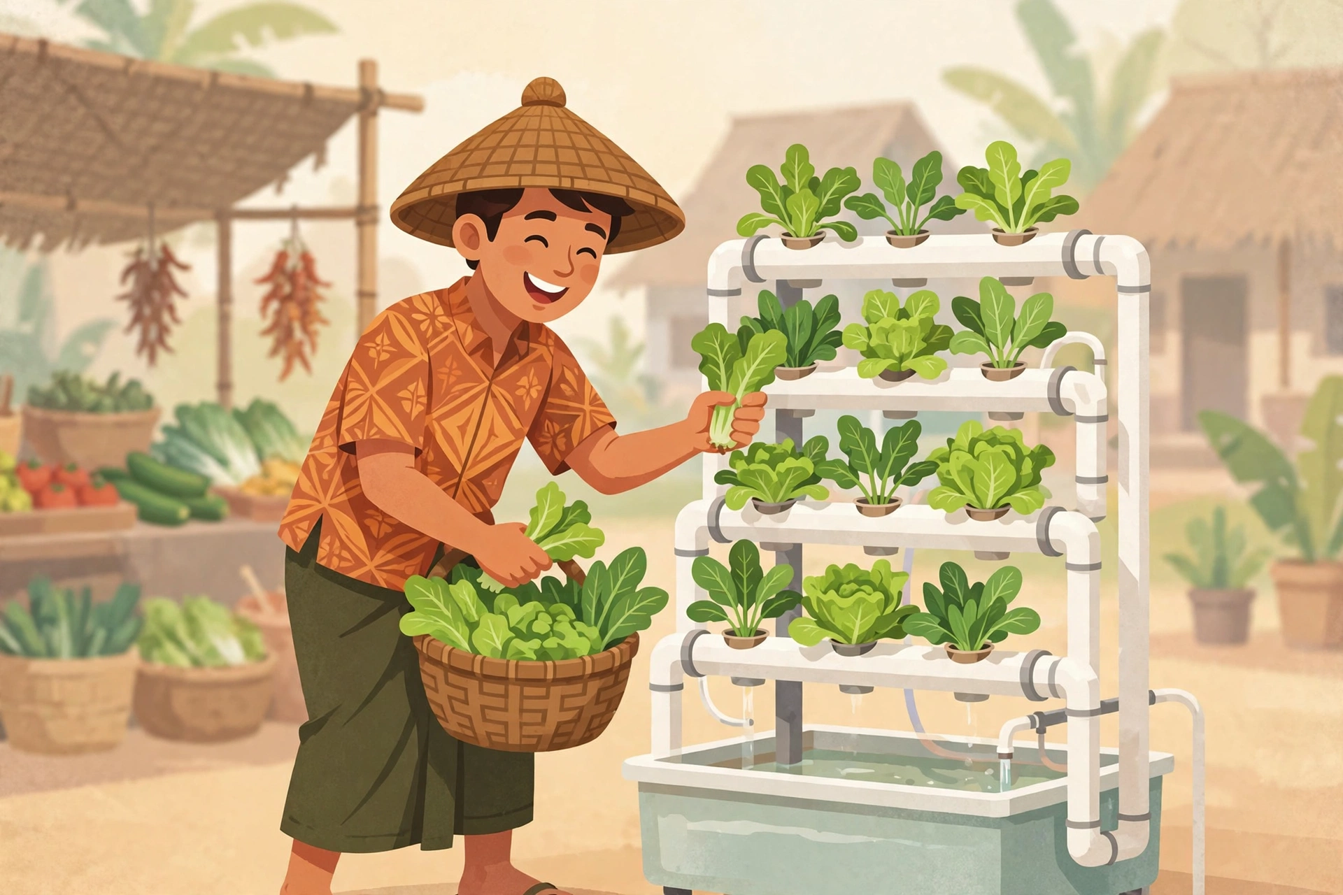Ilustrasi petani desa memanen sayuran hidroponik segar untuk dijual di pasar