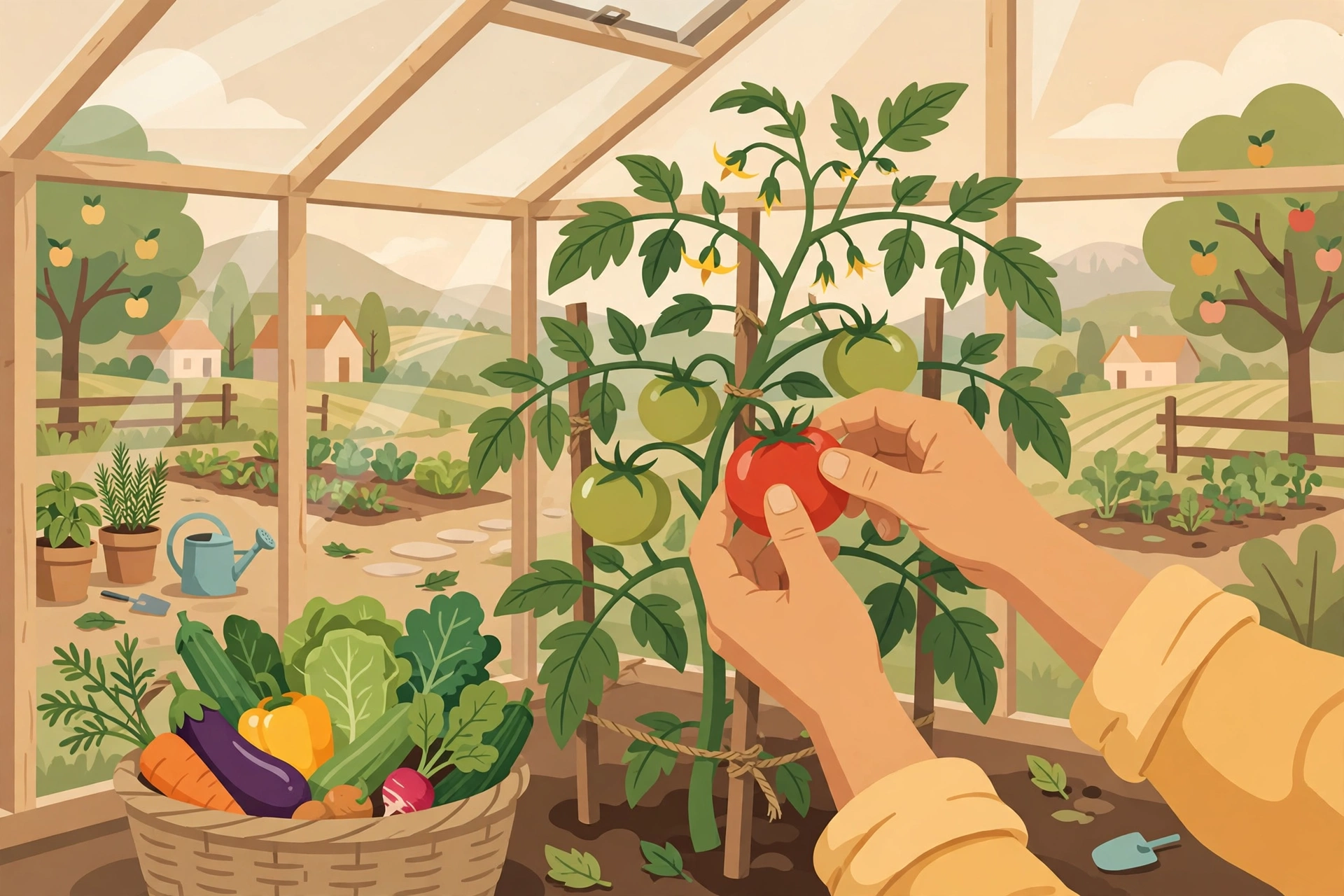 Ilustrasi panen sayuran dan buah segar di kebun desa