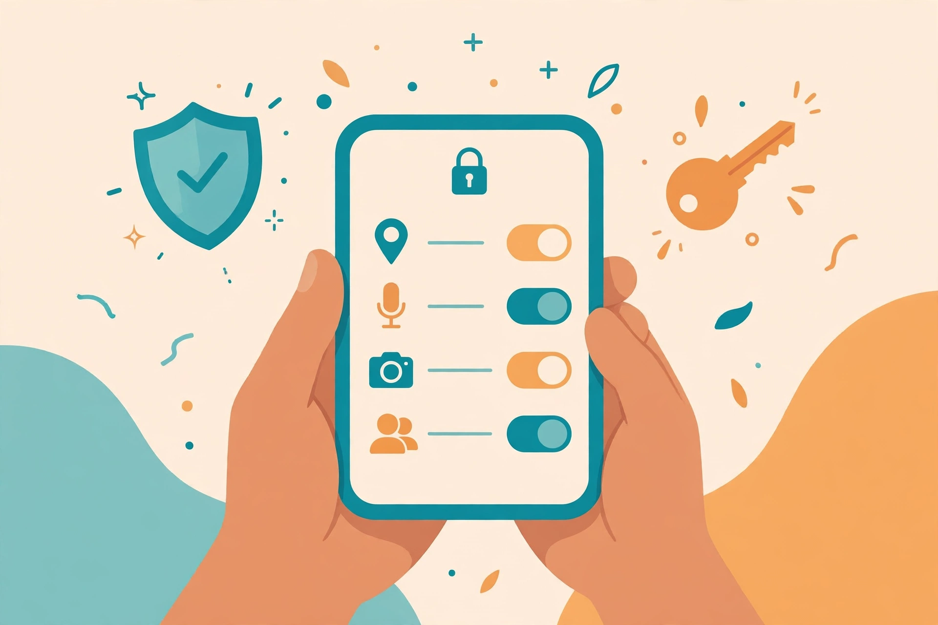 Ilustrasi tangan mengatur pengaturan privasi di ponsel dengan perisai dan kunci