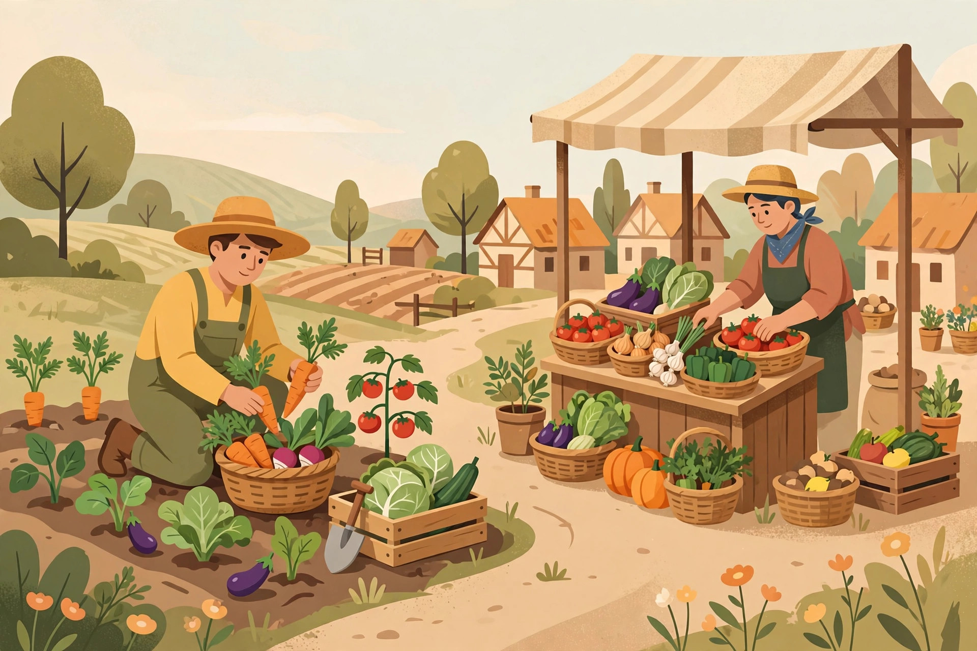 Ilustrasi petani memanen sayur dan pedagang menjual hasil panen di warung desa