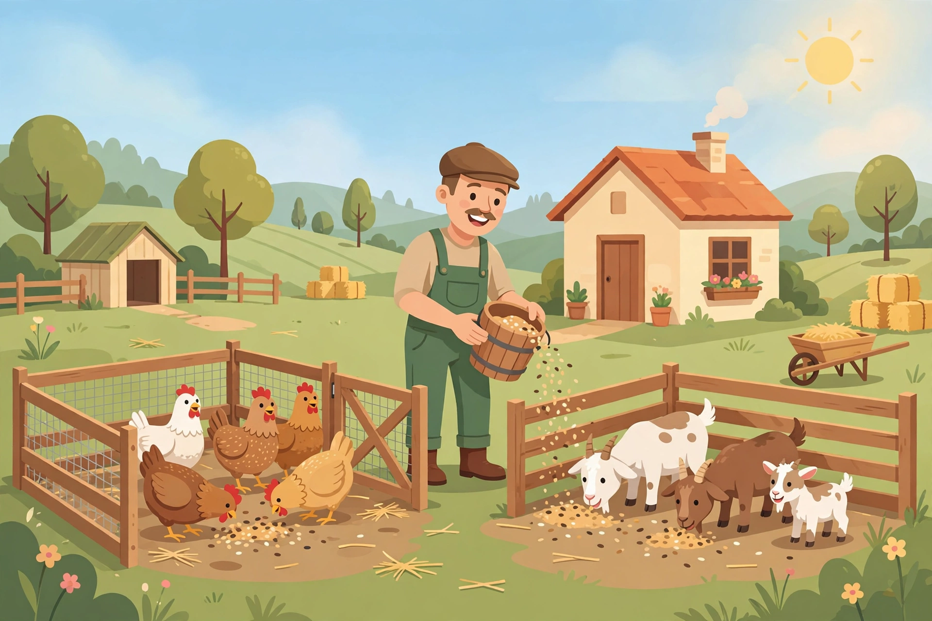 Ilustrasi peternakan ayam dan kambing di pedesaan