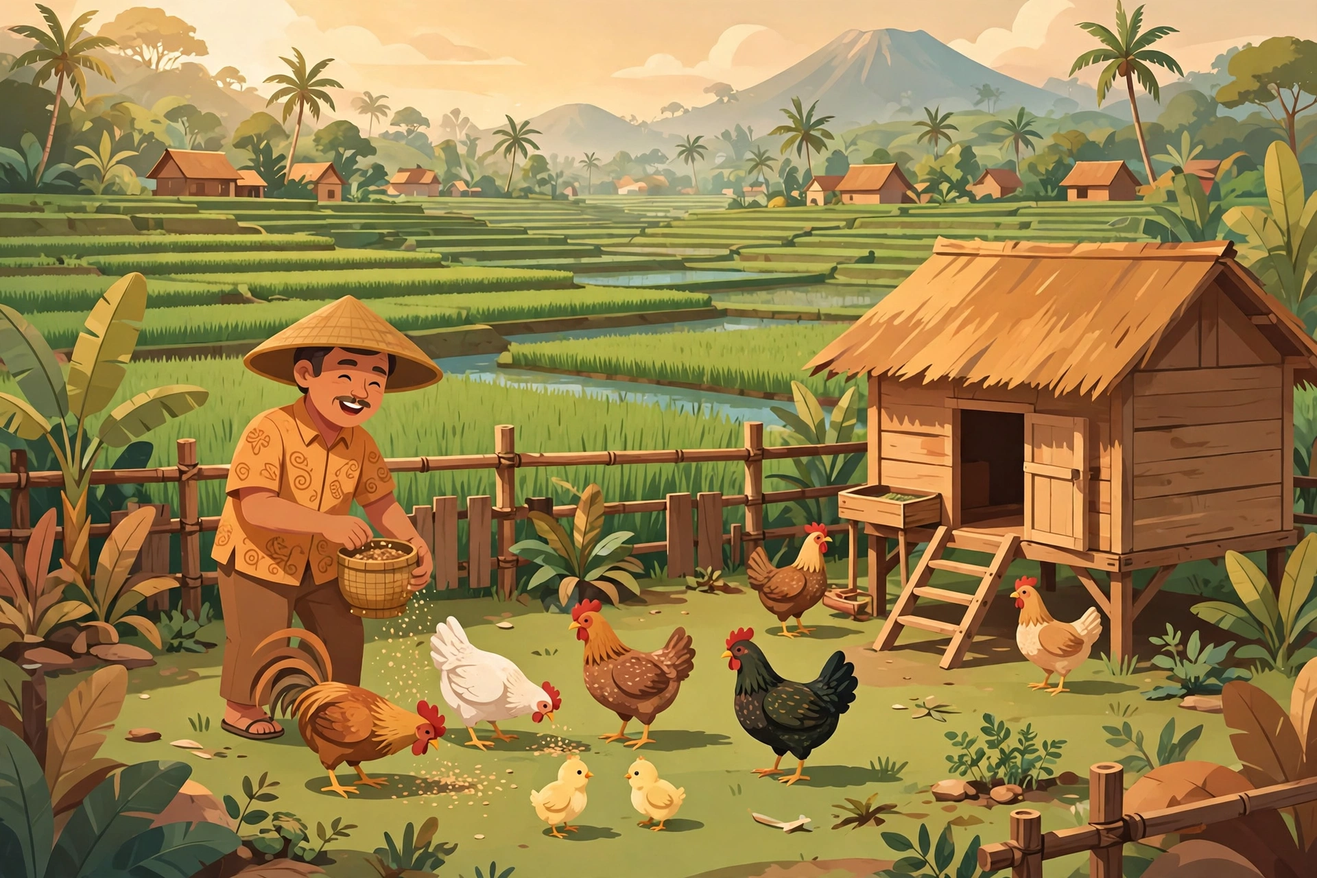 Ilustrasi peternakan ayam di halaman rumah desa sebagai usaha modal 10 juta