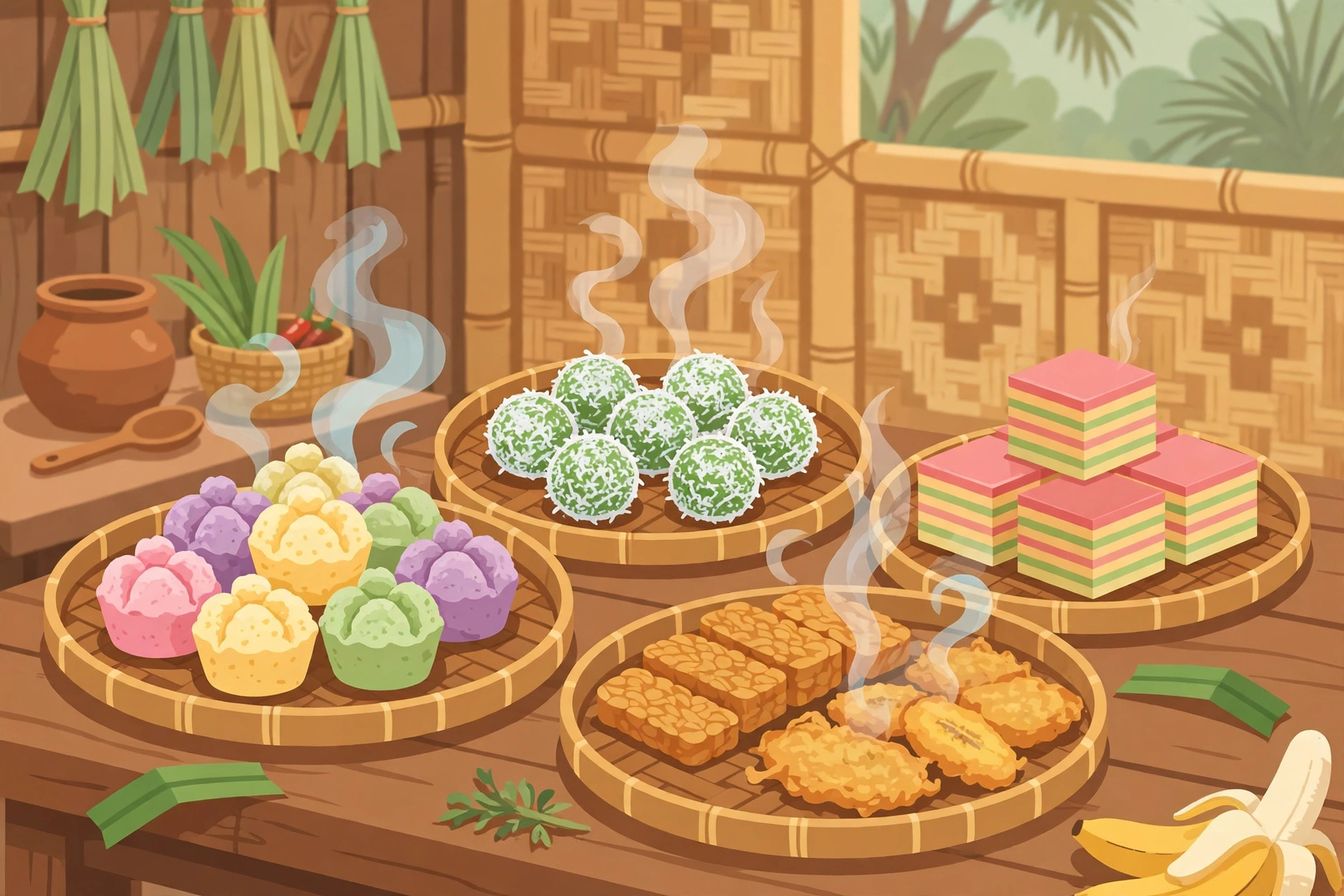 Ilustrasi aneka jajanan pasar tradisional Indonesia di atas tampah bambu