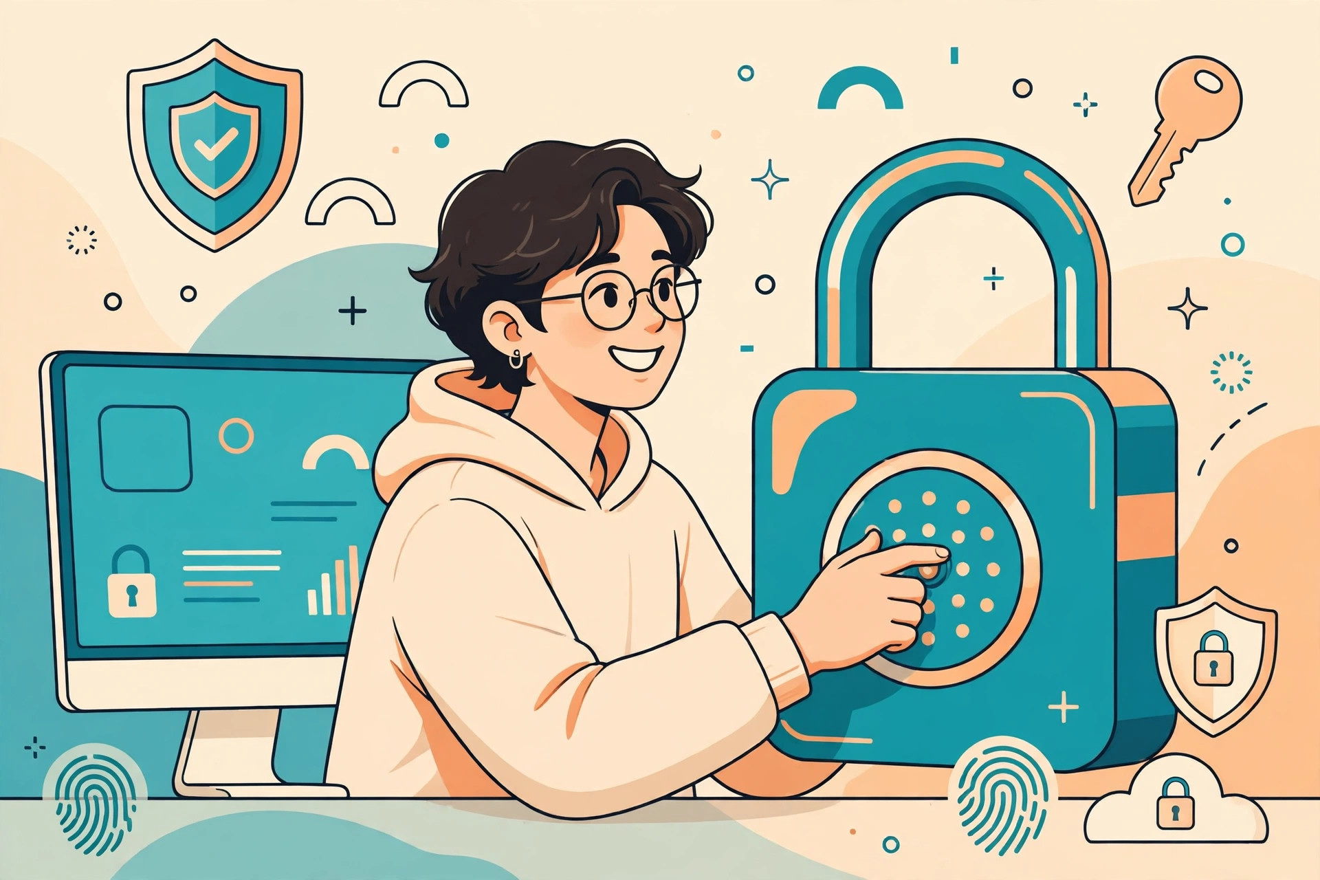 Ilustrasi cara melindungi jejak digital dengan gembok dan perisai