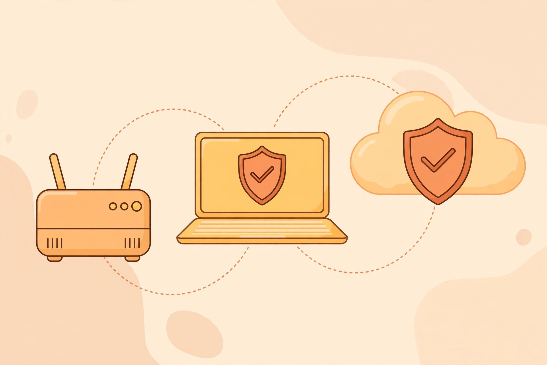 Ilustrasi tiga jenis firewall: perangkat keras, perangkat lunak, dan firewall cloud