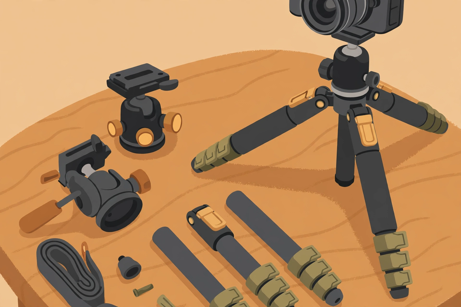 Berbagai jenis kepala tripod dan kaki tripod yang bisa diatur