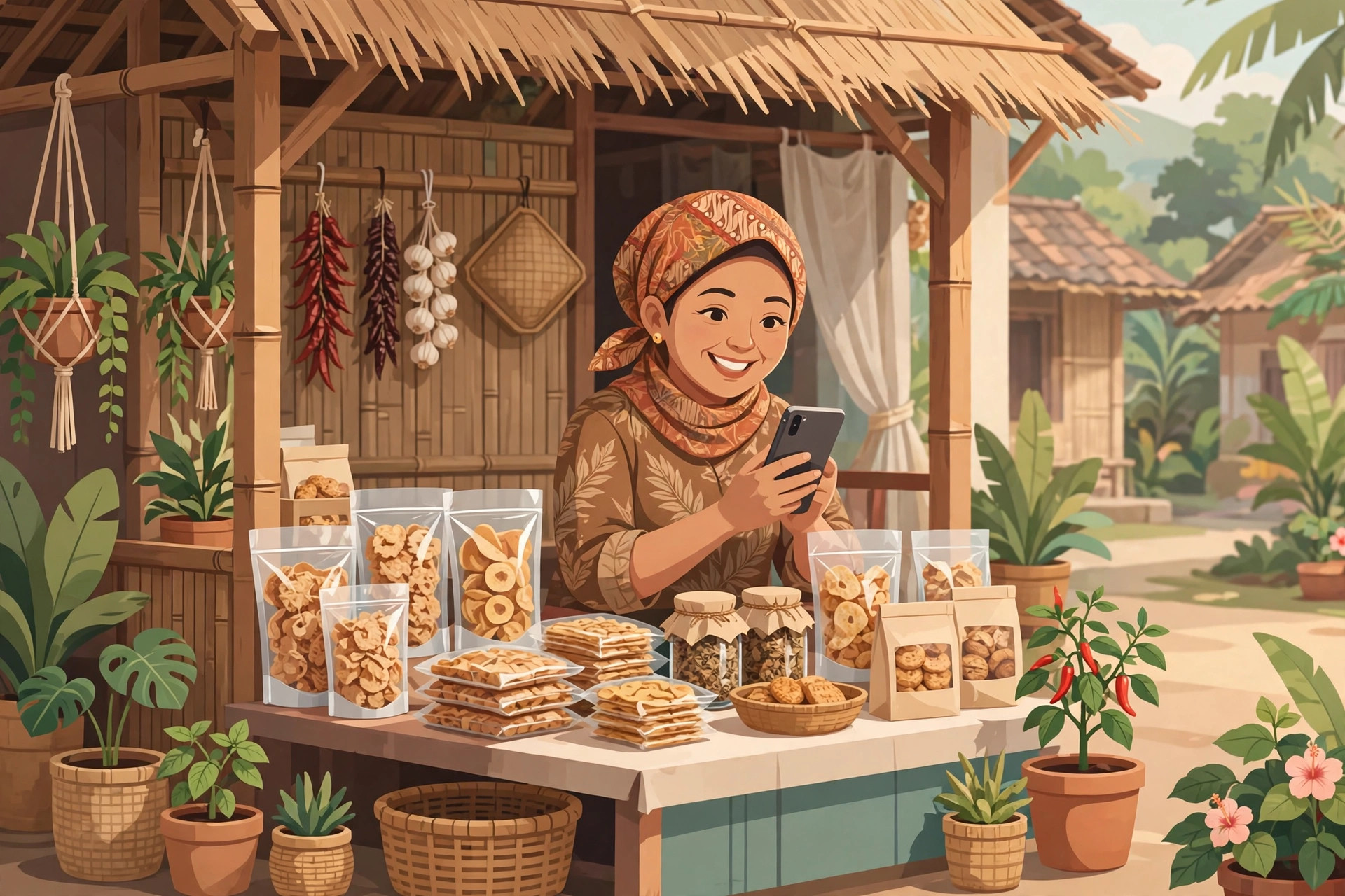 Ibu rumah tangga memasarkan produk rumahan lewat ponsel