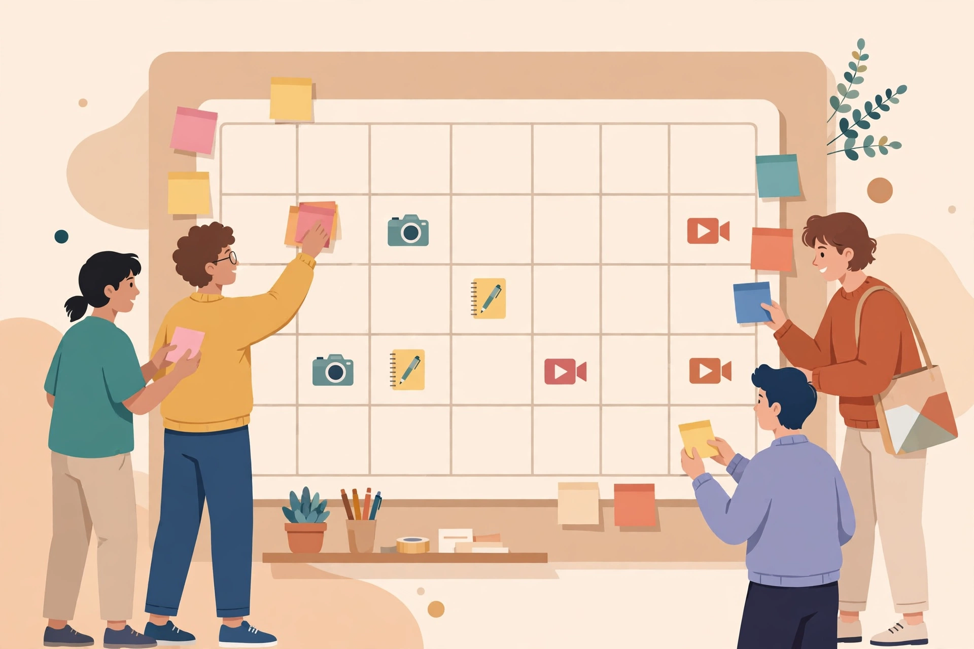 Ilustrasi contoh kalender konten bulanan dengan ikon artikel, foto, dan video