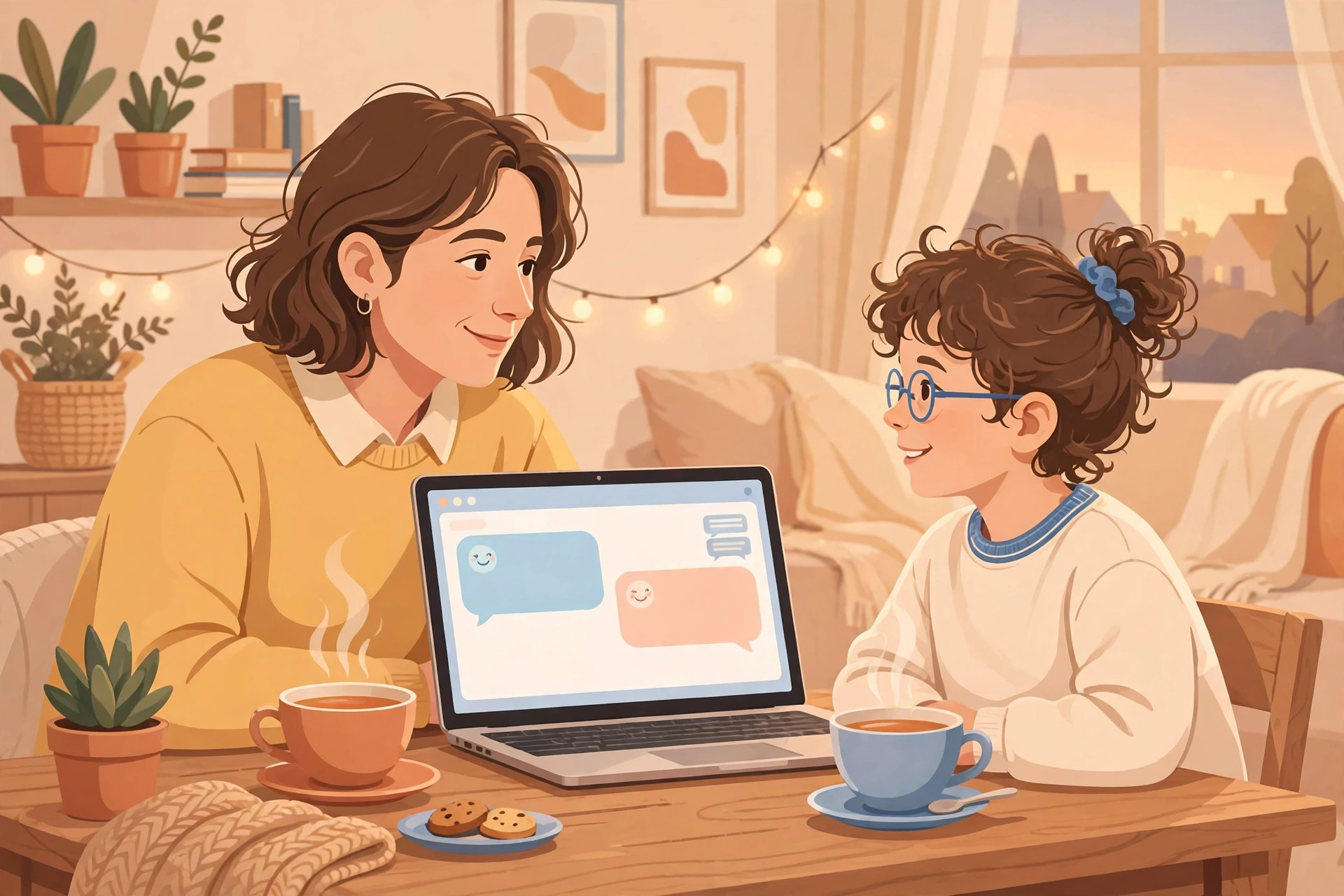 Orang tua dan anak berbincang santai tentang pengalaman mereka di internet