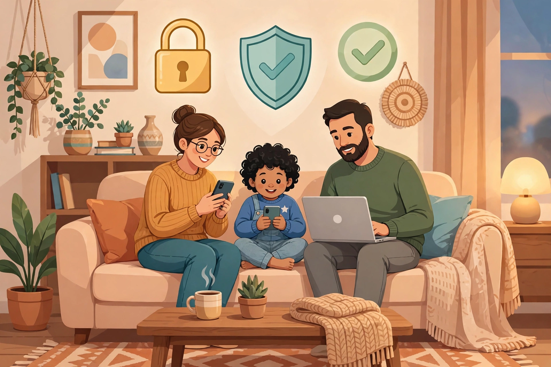 Ilustrasi keluarga menggunakan ponsel dan laptop dengan aman di rumah