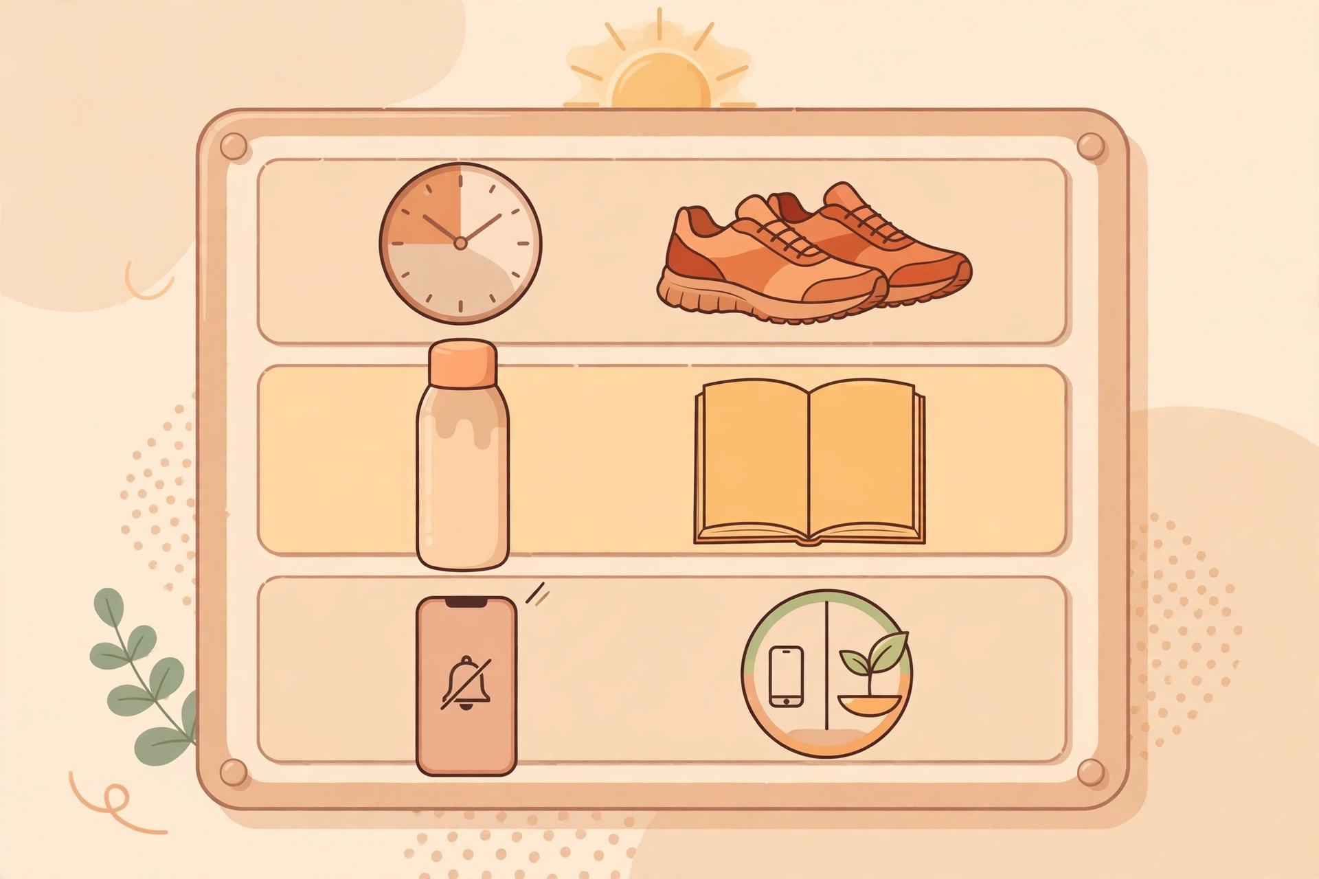 Ilustrasi jadwal harian seimbang dengan ponsel mode senyap, jam, buku, dan sepatu olahraga