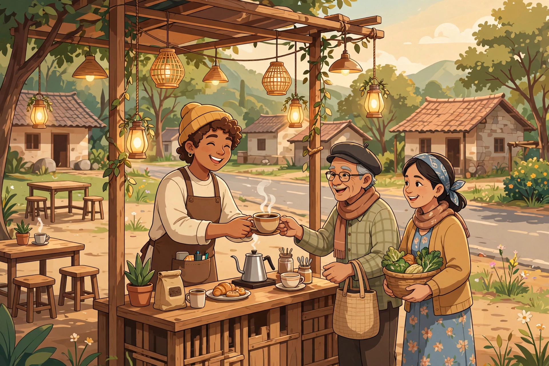 Barista melayani pelanggan di kedai kopi kecil yang nyaman di desa