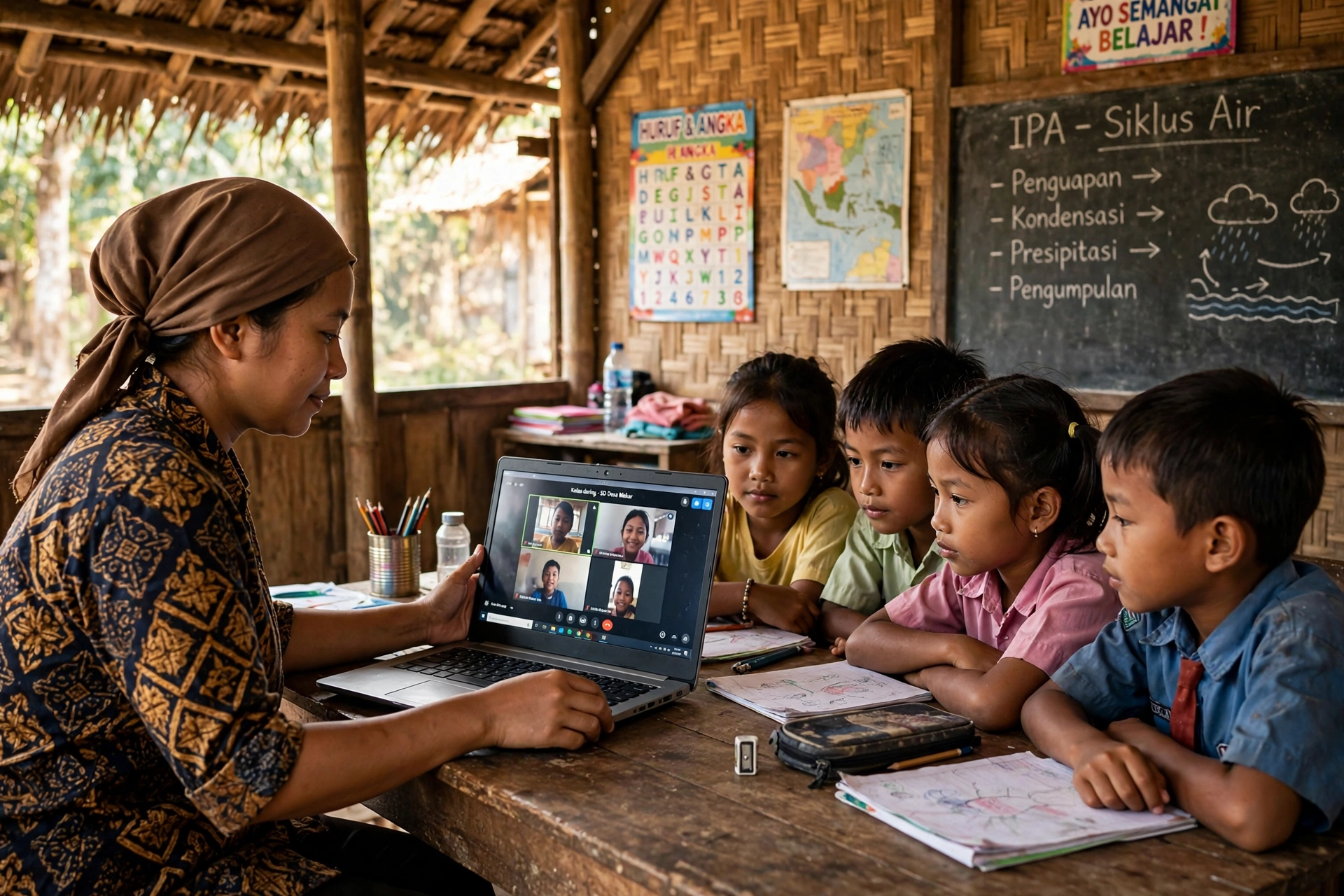 Guru mengajar kelas virtual untuk siswa desa lewat laptop