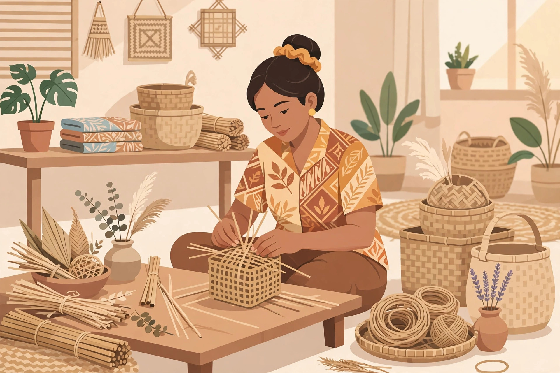 Ibu rumah tangga membuat kerajinan anyaman bambu di rumah