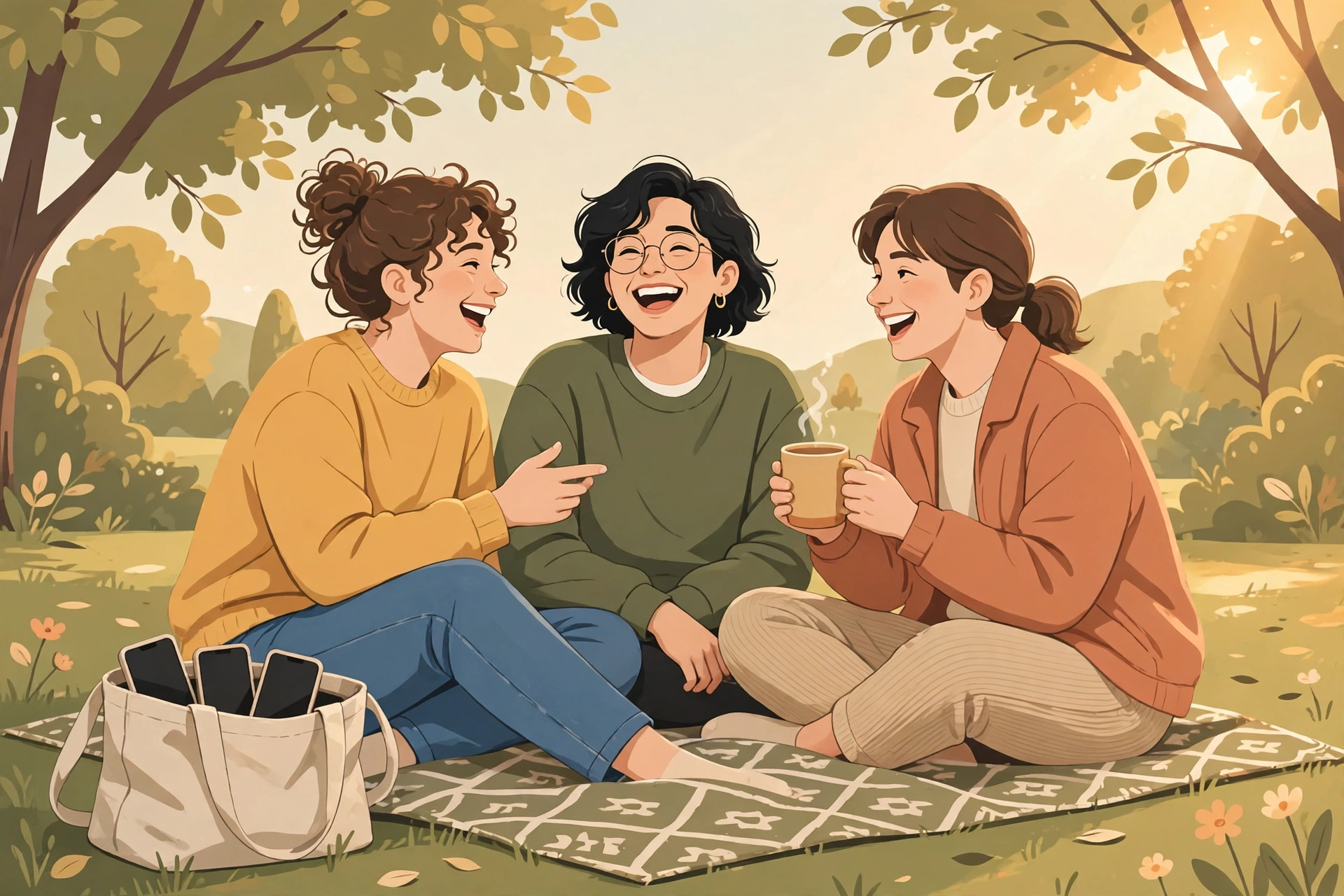 Ilustrasi teman-teman yang bercengkerama di taman tanpa ponsel, menjaga keseimbangan hidup digital