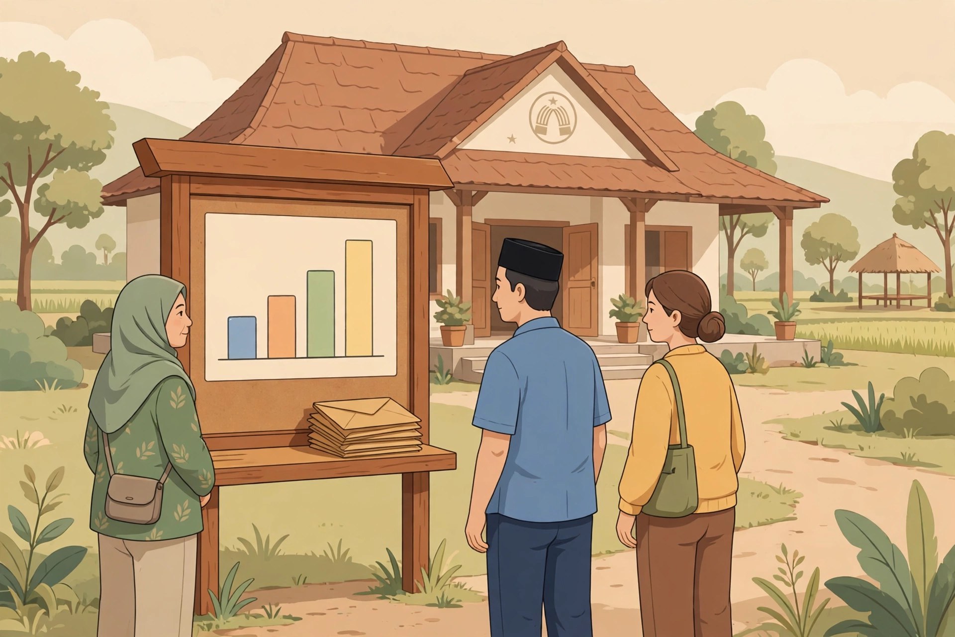 Warga membaca papan pengumuman anggaran desa di balai desa