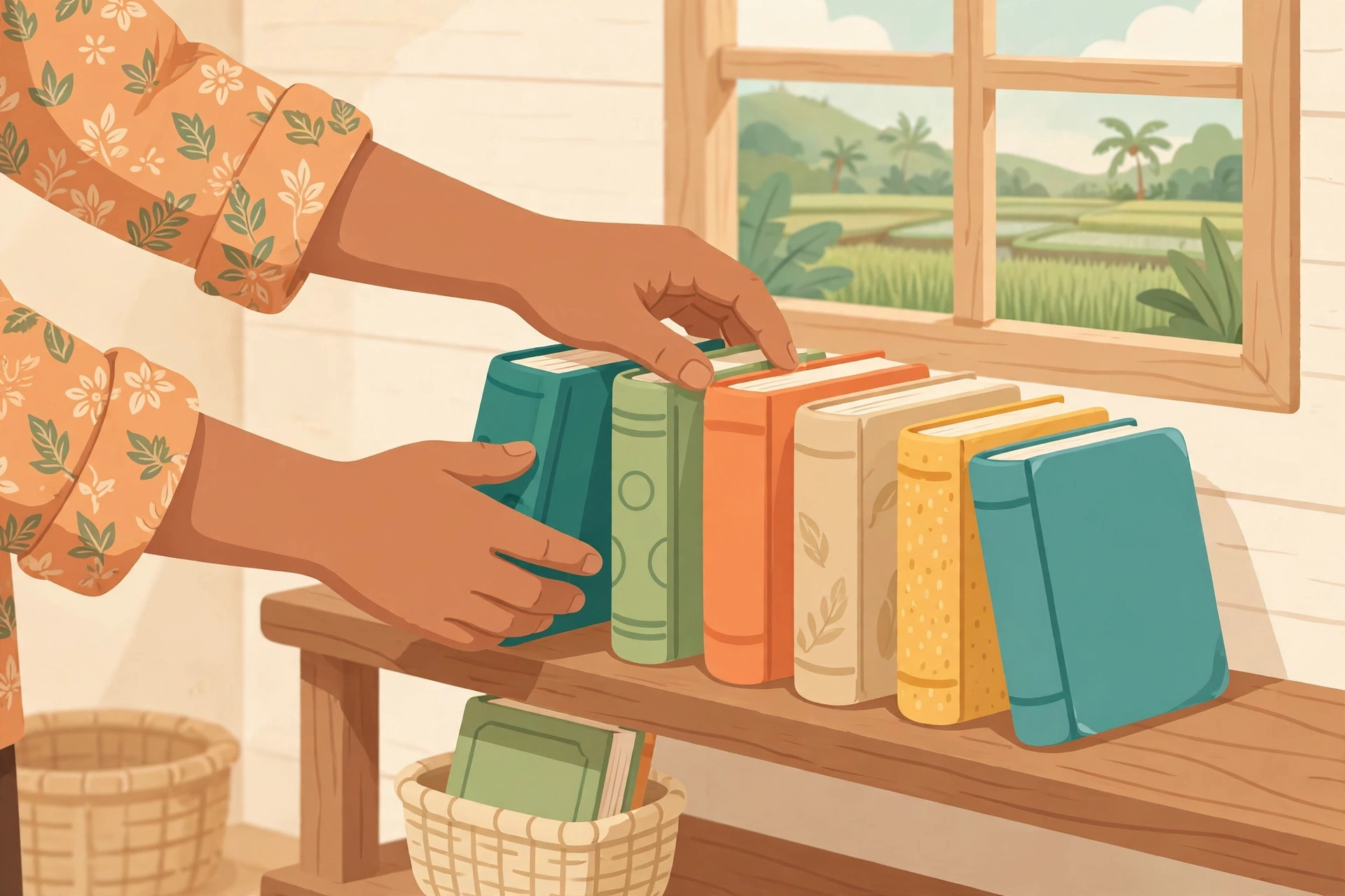 Petugas perpustakaan desa menata koleksi buku di rak kayu