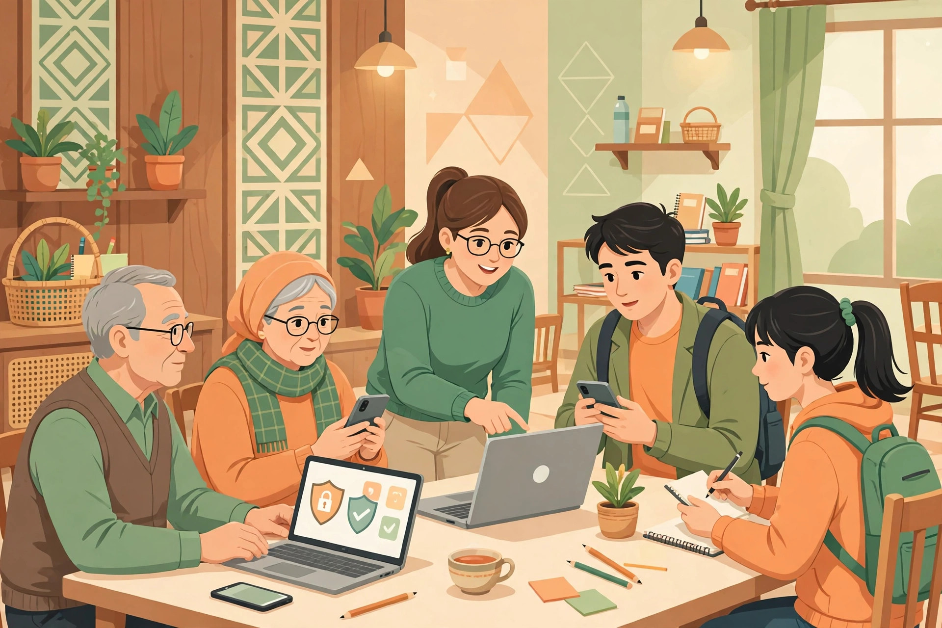 Ilustrasi warga dari berbagai usia belajar keamanan digital bersama di balai warga
