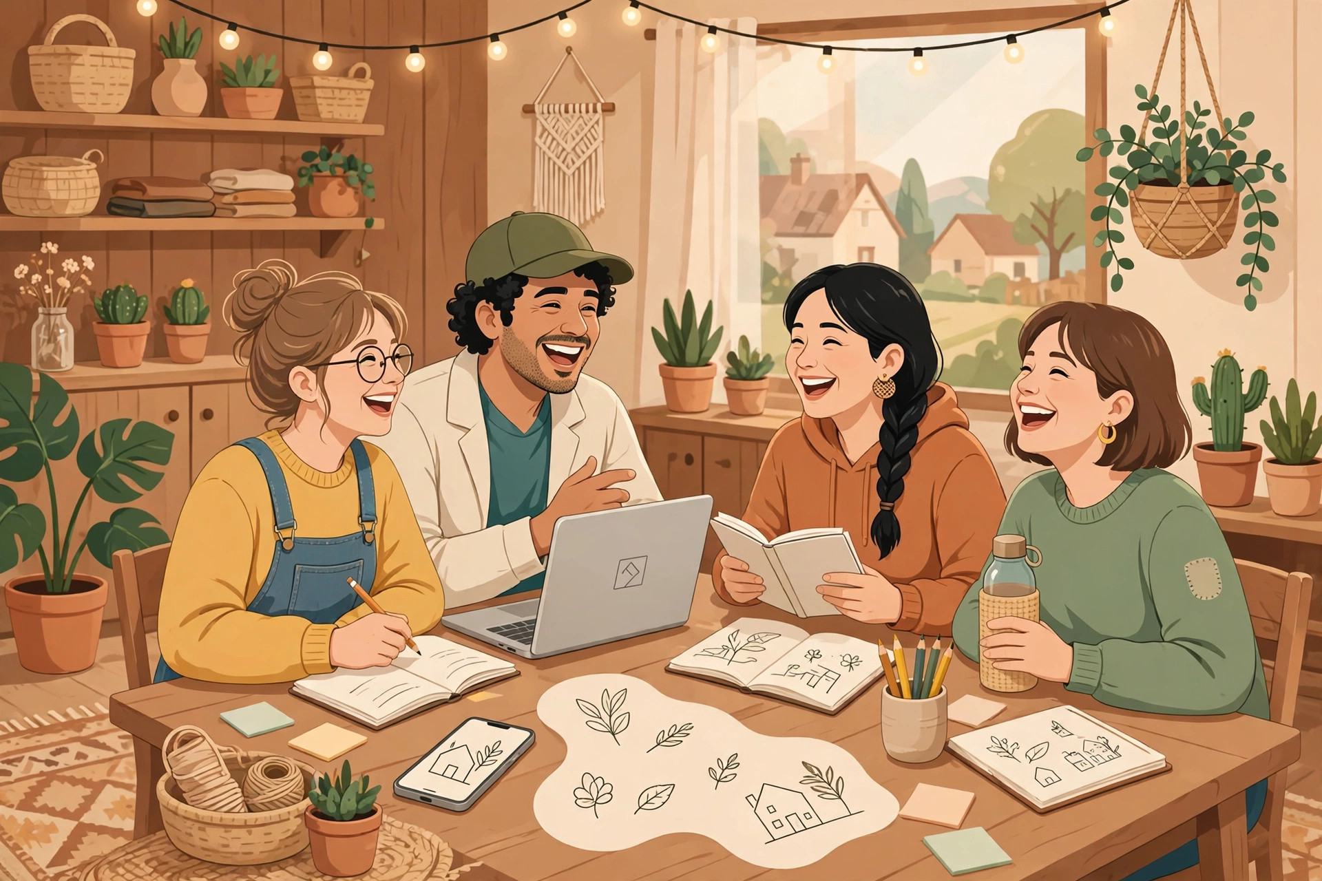 Ilustrasi komunitas kreator desa yang sedang berdiskusi dan bertukar ide