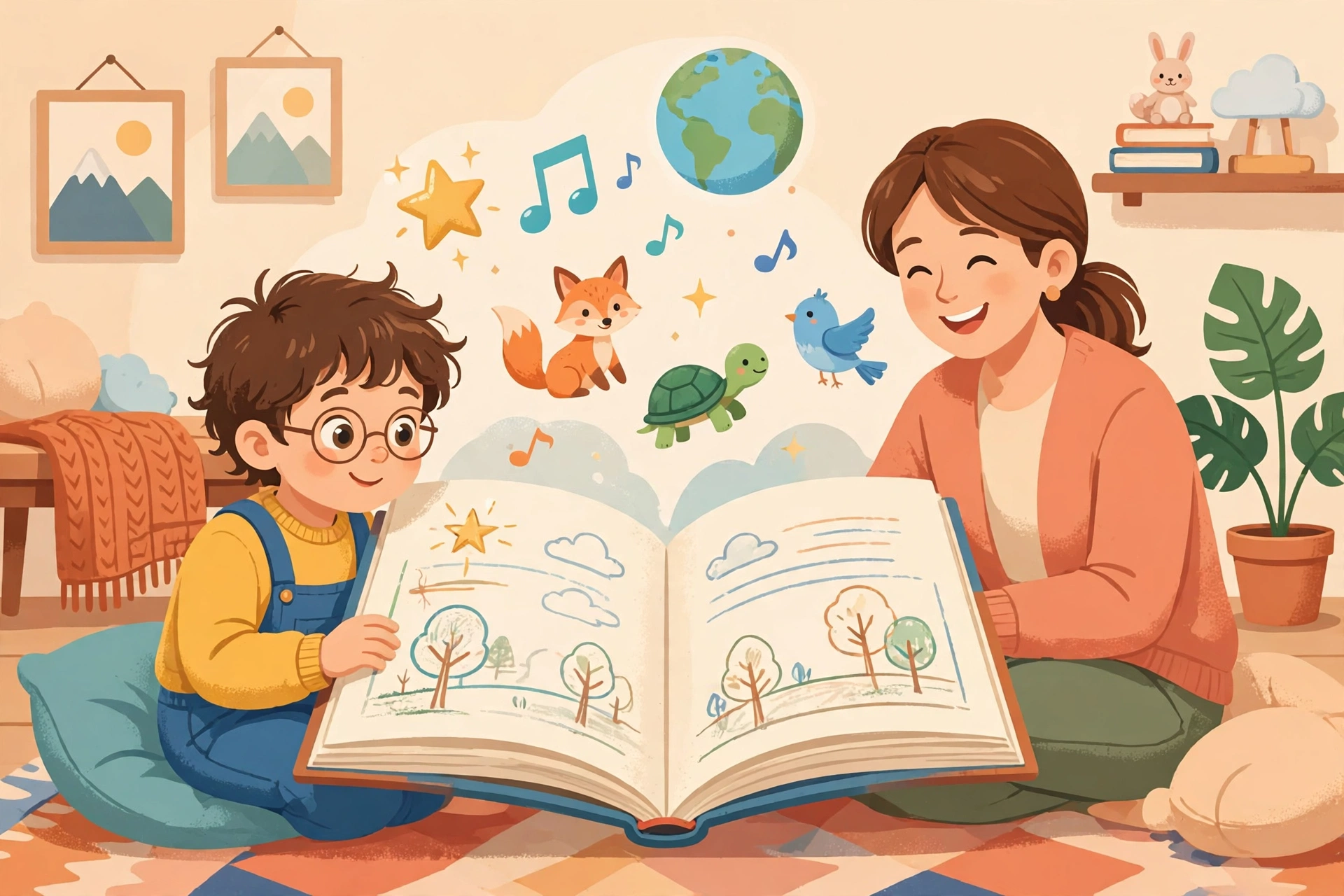 Anak membaca buku cerita dengan pendampingan orang tua