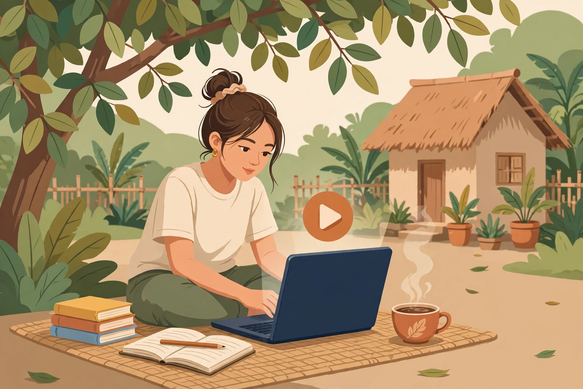 Ilustrasi perempuan belajar kursus online dengan laptop di desa