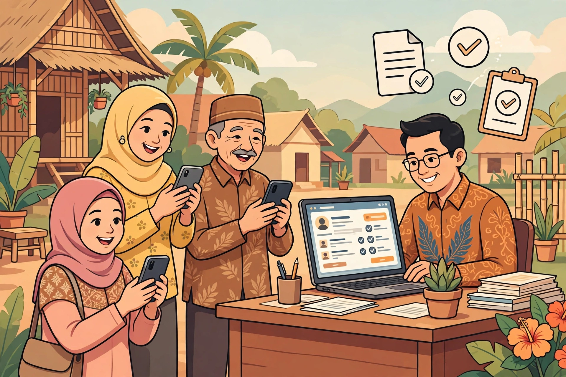 Warga desa mengakses layanan online desa melalui ponsel