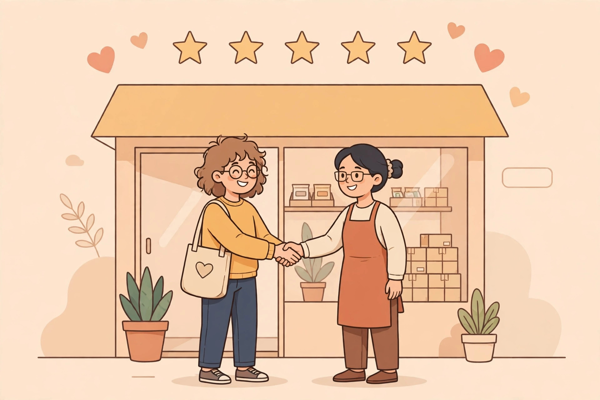 Ilustrasi pelanggan setia berjabat tangan dengan pemilik usaha online