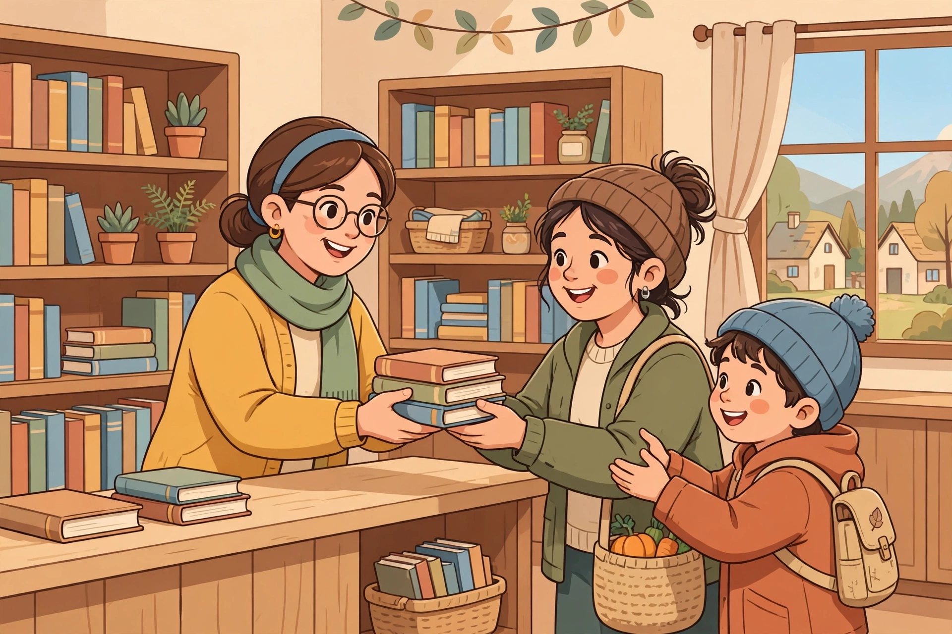 Ilustrasi layanan peminjaman buku di perpustakaan desa