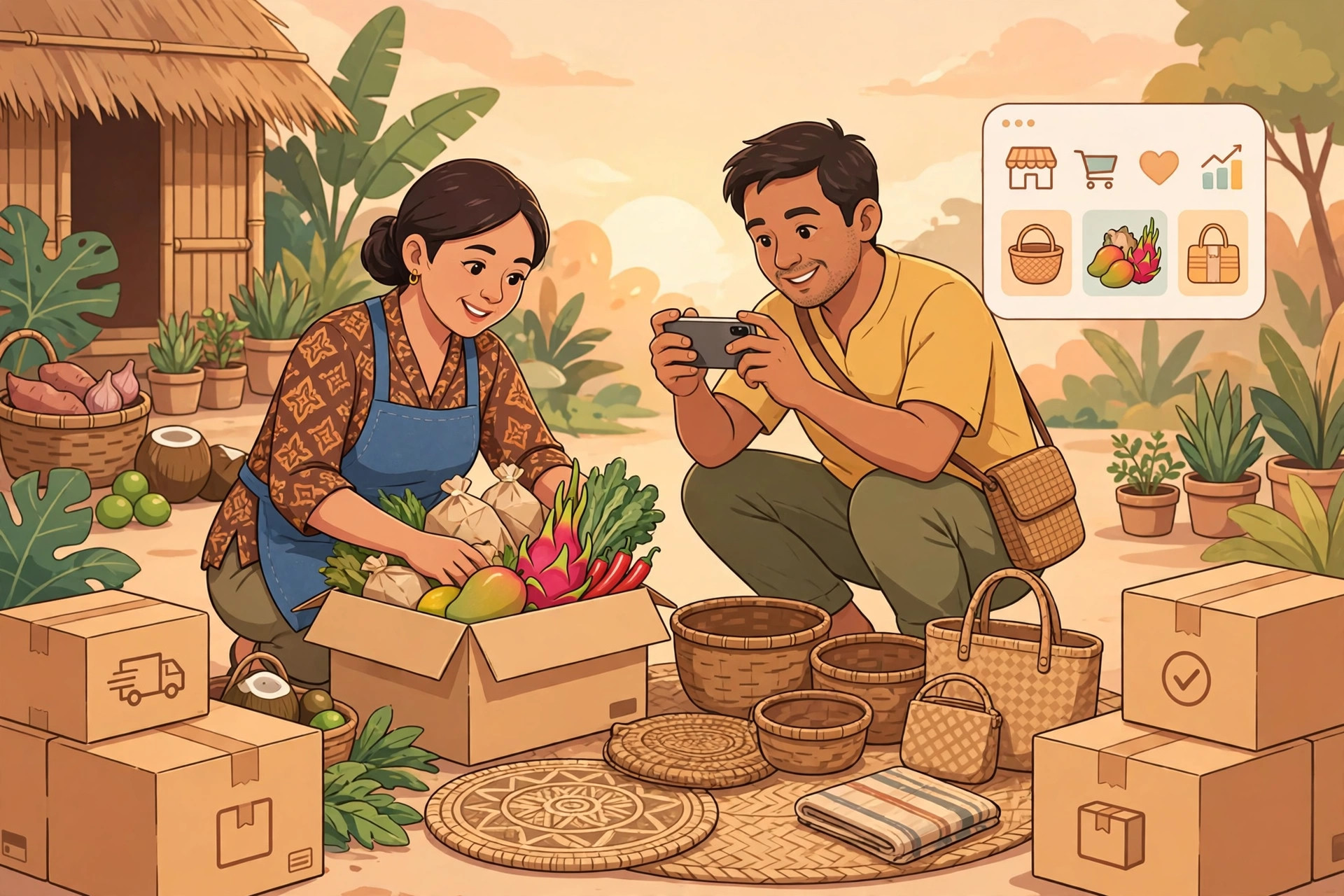 Ilustrasi warga desa menjual hasil pertanian dan kerajinan secara online