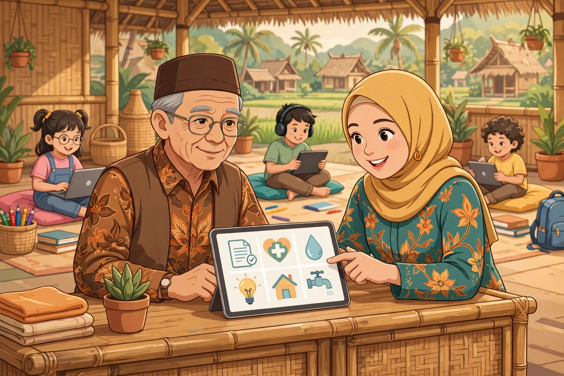 Ilustrasi warga desa mengakses layanan publik dan belajar secara online