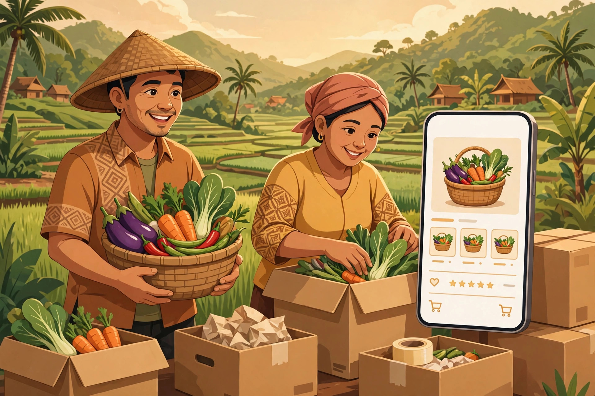 Ilustrasi warga desa menjual hasil pertanian secara online lewat gawai